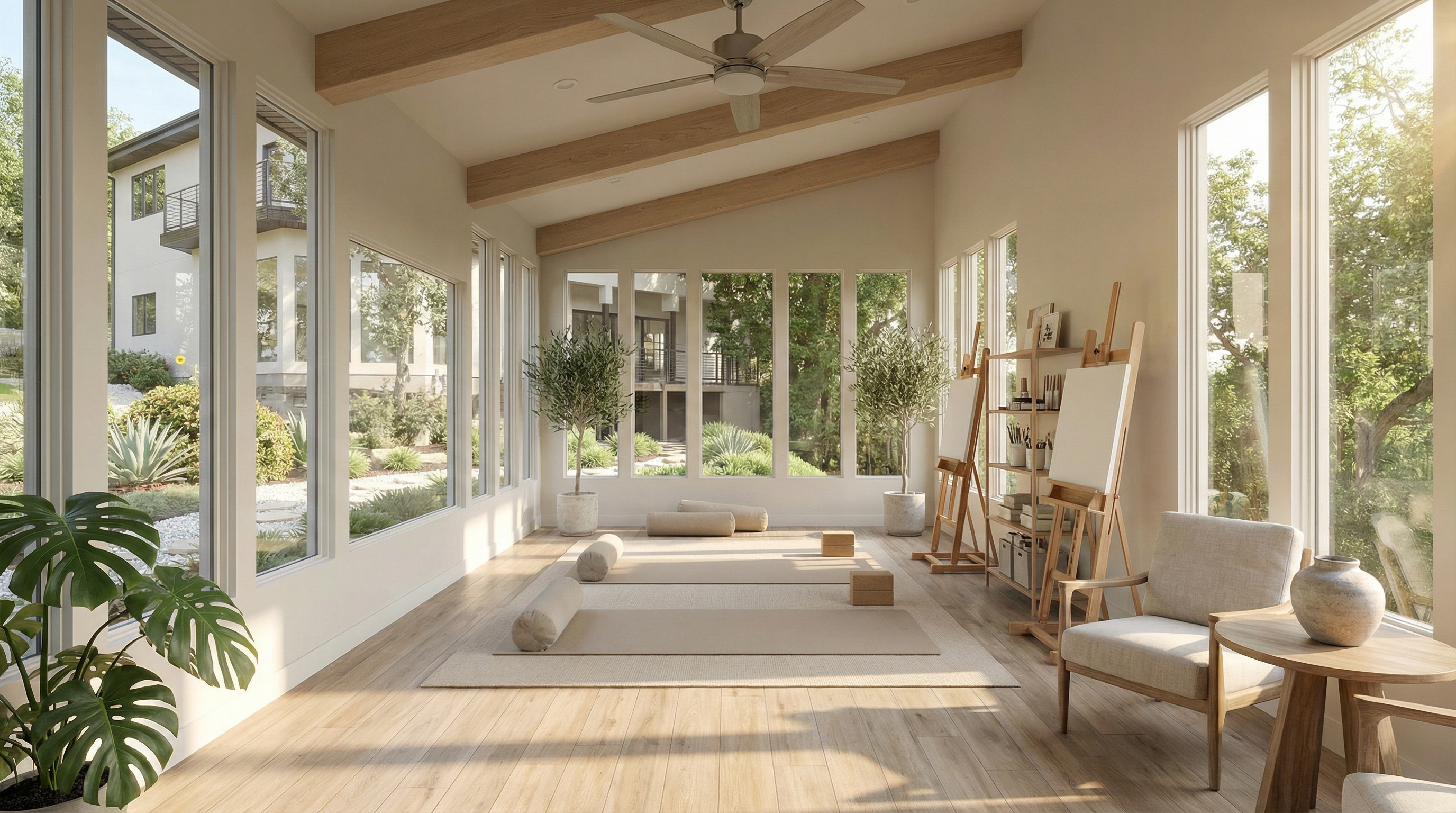 This is a bright and spacious sunroom featuring large windows that offer views of the surrounding landscape. The room is designed for relaxation and includes yoga mats, bolsters, and an art area with easels. Wooden beams, light wood floors, and neutral tones create a calming and inviting atmosphere, making this an ideal space for exercise, creative pursuits, or simply enjoying natural light.