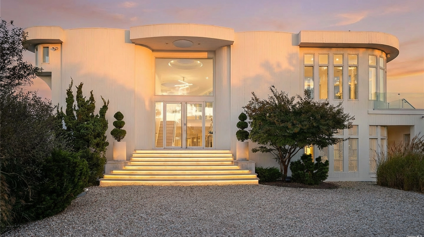 The image showcases the front exterior of a modern, luxurious home. The facade is characterized by a sleek, white structure with a grand entrance featuring steps illuminated by strip lighting. Landscaping includes manicured shrubs and trees, complementing the home's overall contemporary design.