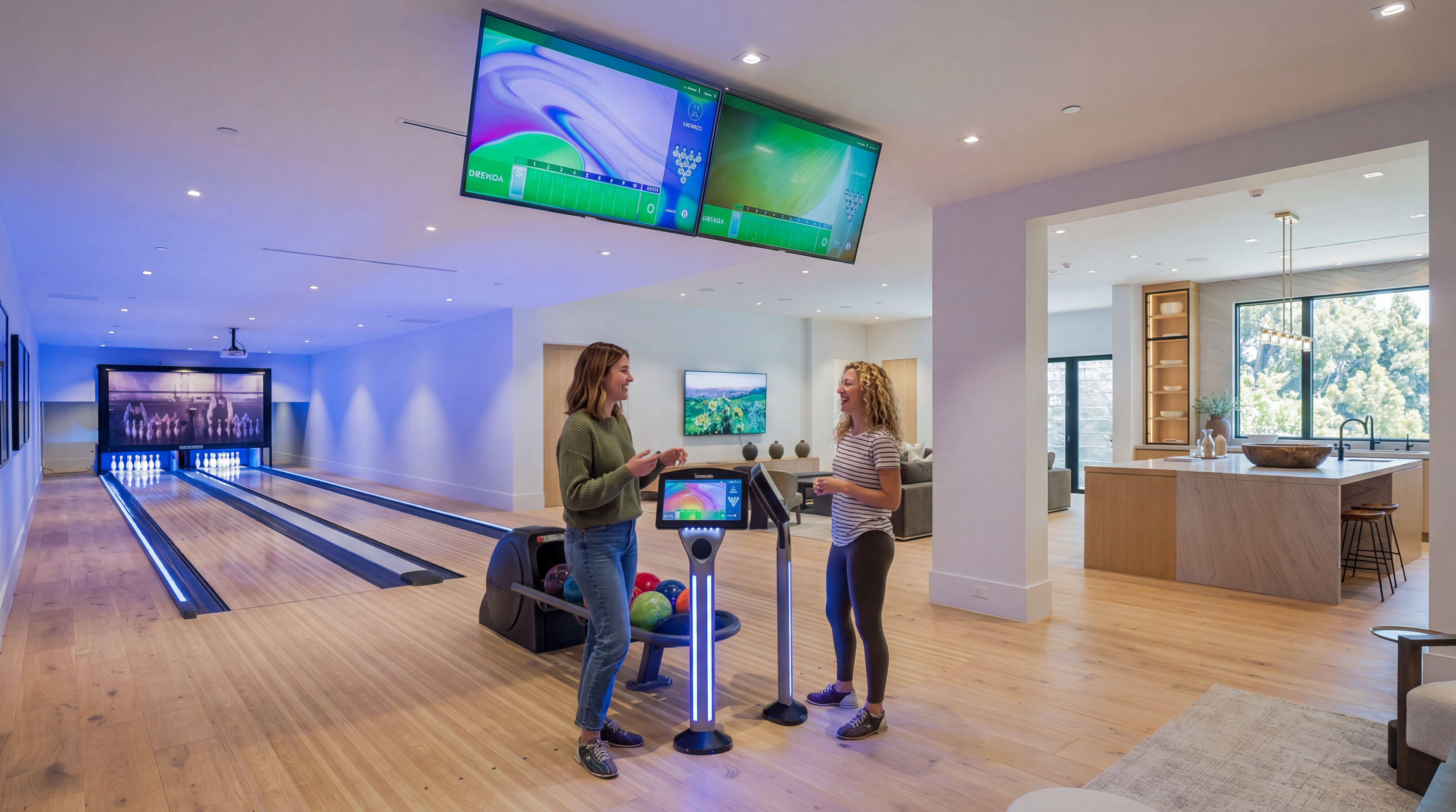 This luxurious home entertainment space features a private, professional-grade bowling alley integrated into an open-concept living area. The sleek, modern design showcases high-end finishes, ambient blue lighting, and a seamless flow into a gourmet kitchen with a large island. This unique space offers a high-end recreational experience perfect for hosting and entertaining within the residence.