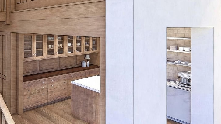 This interior rendering showcases a split-view kitchen design, featuring rich, natural wood custom cabinetry and expansive storage in the main area. The contrasting minimalist white wall reveals a separate, recessed coffee station or butler's pantry with tiled backsplashes and a sleek espresso machine. The overall aesthetic is warm and sophisticated, blending rustic wood tones with modern architectural precision.