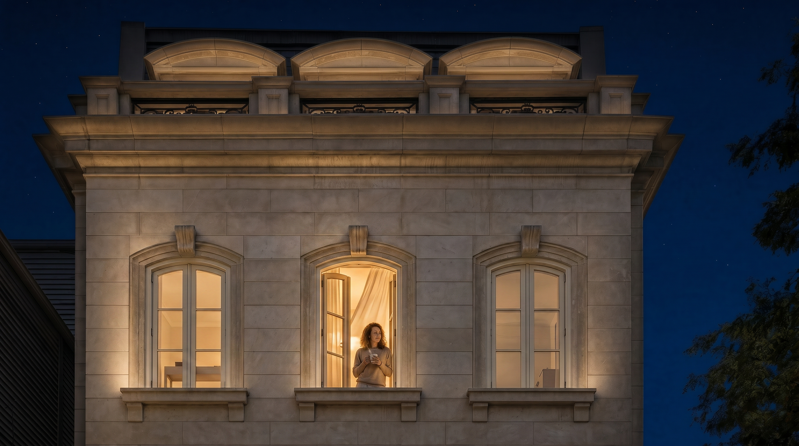 This stunning stone-facade building features a sophisticated architectural style with classic arched windows and a detailed cornice. An illuminated center window reveals a person holding a drink, creating a warm and inviting atmosphere against the dark twilight sky. The symmetrical design and elegant lighting make this an exceptional example of high-end, traditional residential architecture.