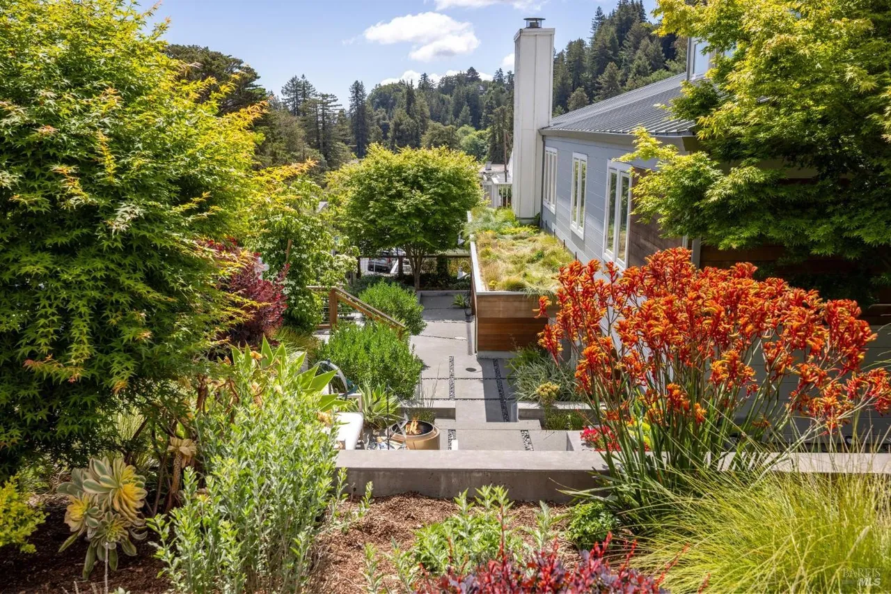 This image showcases a beautifully landscaped yard and garden area. The design features a multi-tiered layout with stone pathways, lush greenery, and vibrant orange flowering plants. The property also includes a modern house with a green roof, blending seamlessly with the natural surroundings, creating a serene and inviting outdoor space.