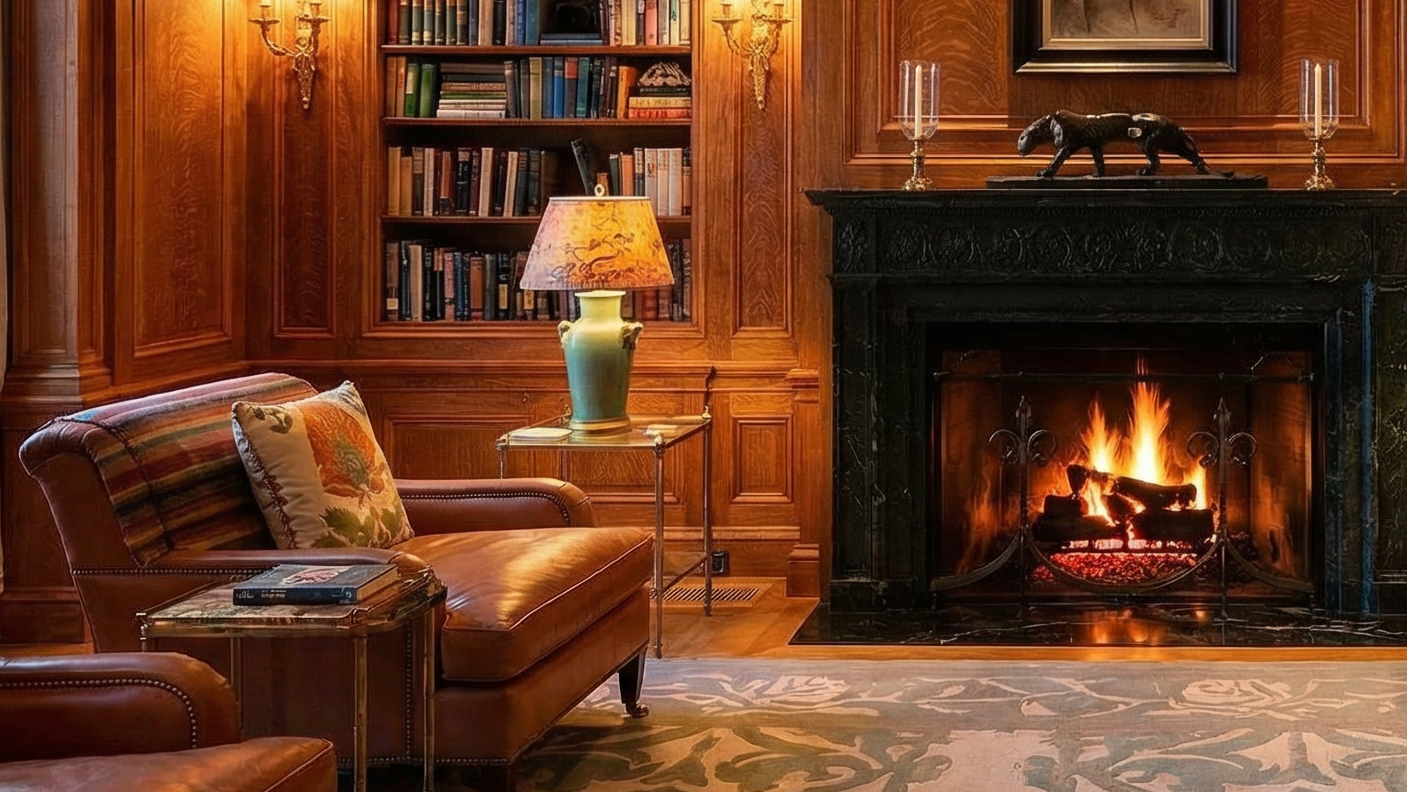 This sophisticated study features rich wood paneling, floor-to-ceiling built-in bookshelves, and a cozy leather armchair, creating a refined and scholarly atmosphere. A grand black marble fireplace with a roaring fire serves as the focal point, complemented by ornate sconces and an elegant area rug. The space exudes warmth and classic luxury, making it an ideal environment for reading or quiet work.