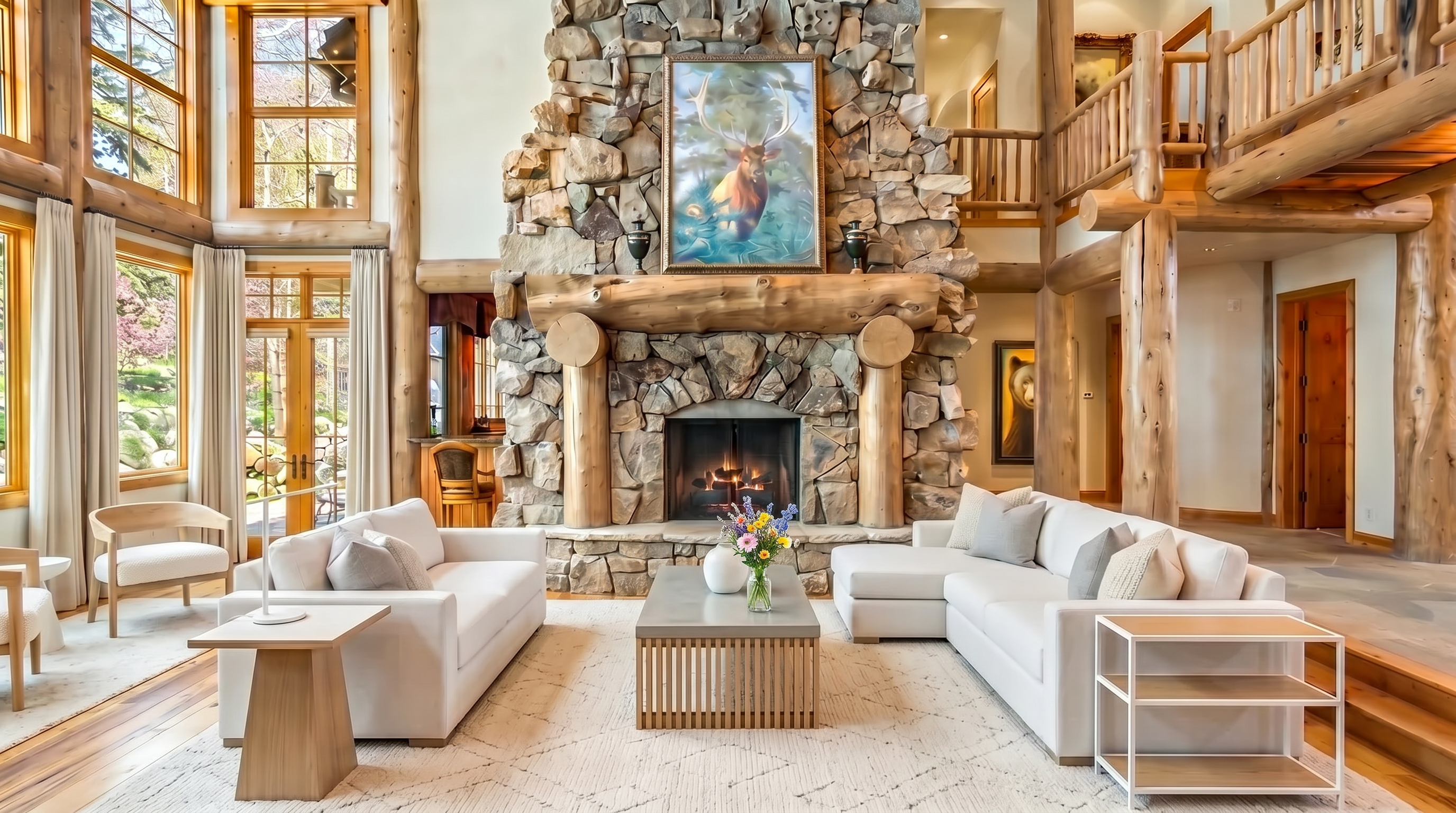 This spacious and rustic lodge-style living room features a massive floor-to-ceiling stone fireplace as its focal point, adorned with a large elk painting. The room is characterized by heavy timber accents, high vaulted ceilings with exposed beams, and floor-to-ceiling windows that offer ample natural light. Inviting seating areas and a patterned area rug contribute to the cozy, luxurious cabin atmosphere.