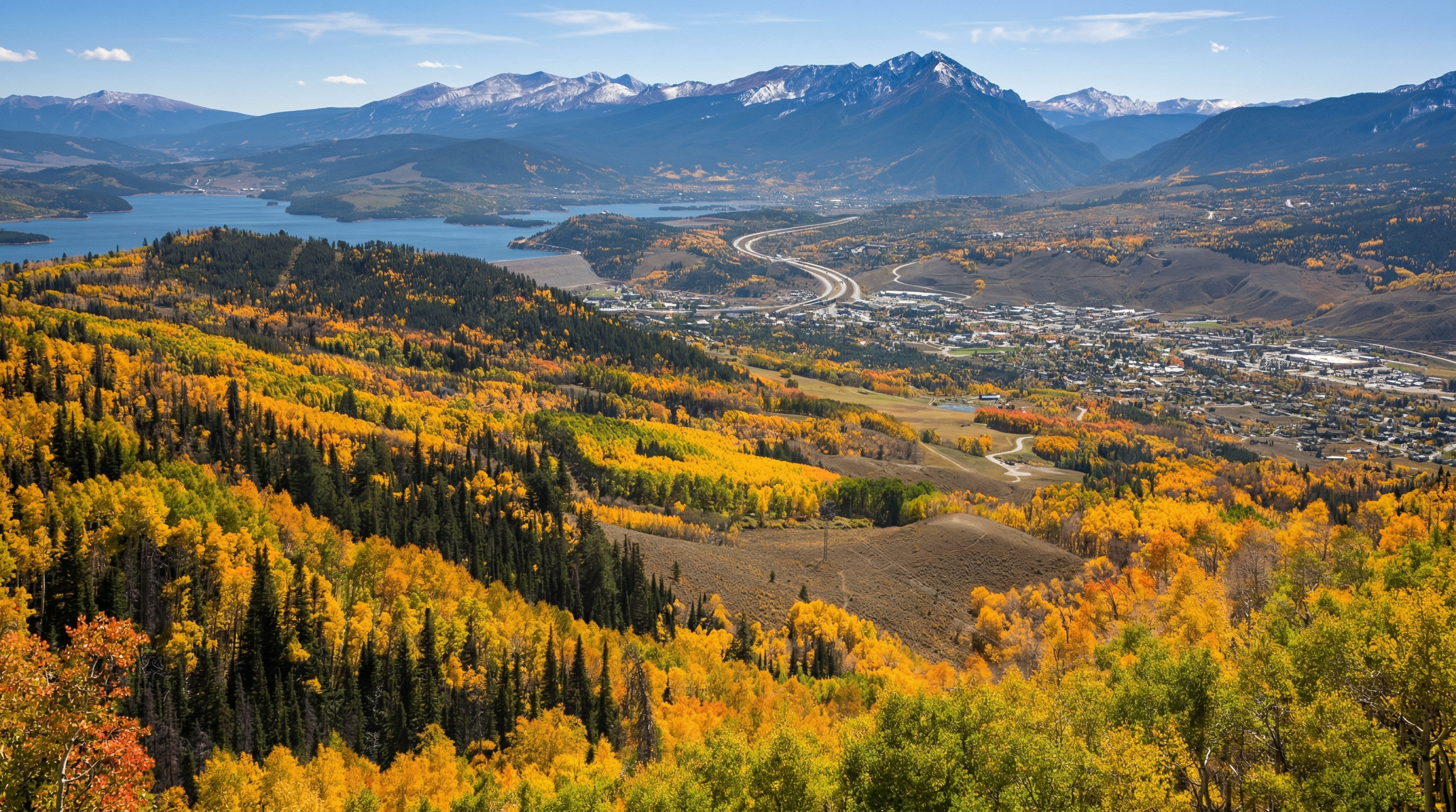 This stunning high-angle aerial view captures a mountain town surrounded by a vibrant autumn landscape of golden aspen trees and deep green pines. In the background, the scene is anchored by a large, serene lake and majestic, snow-capped peaks under a clear blue sky. This panoramic perspective emphasizes the scenic beauty and prime location of the area, making it ideal for those seeking a recreational lifestyle.