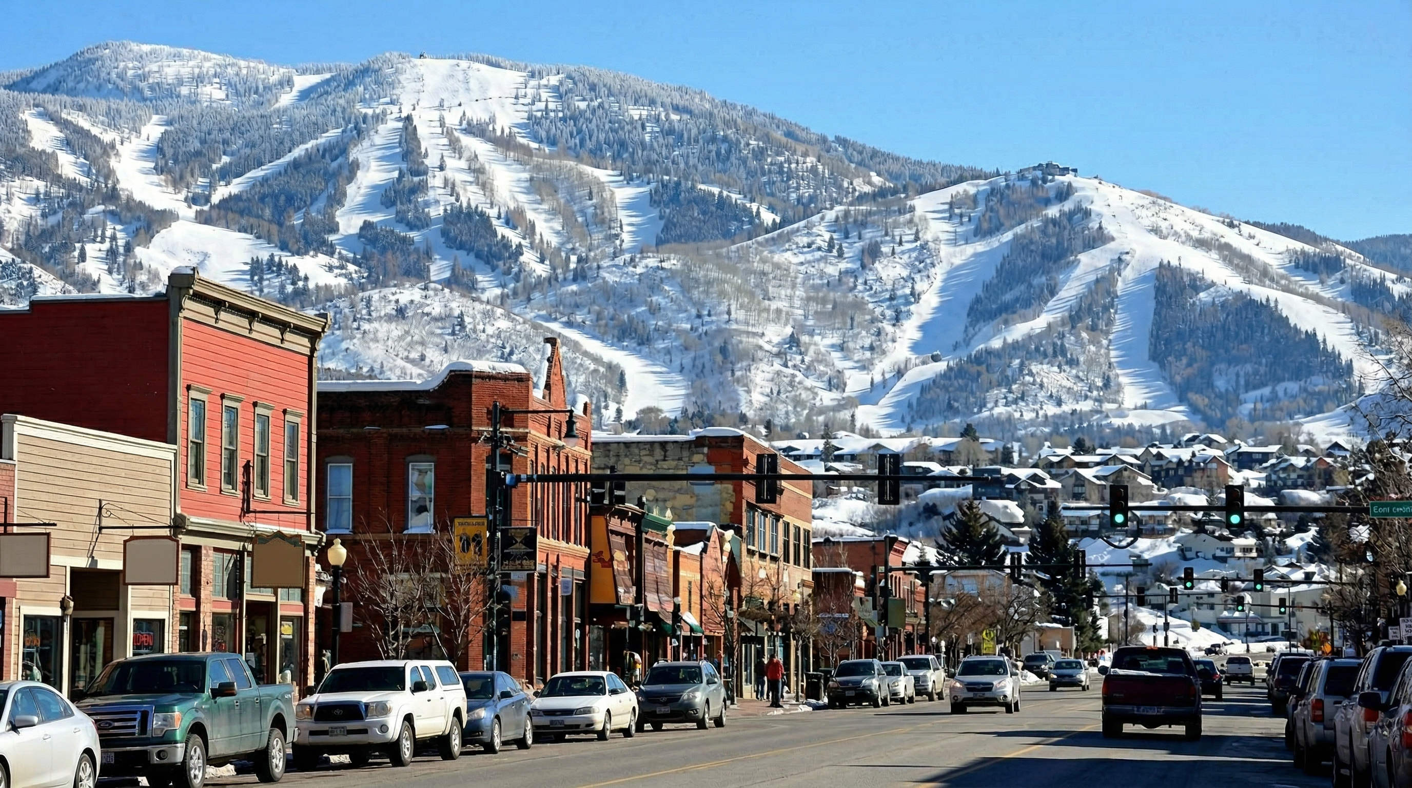 This image captures a vibrant commercial street scene in a historic mountain town, set against a majestic, snow-capped ski resort mountain. The foreground showcases a row of traditional brick and wood-sided buildings housing various storefronts, perfectly blending historical town character with a prime recreational location. The clear blue sky and abundance of snow on the peaks suggest a popular winter sports destination, highlighting the town's appeal as a premier vacation hub.