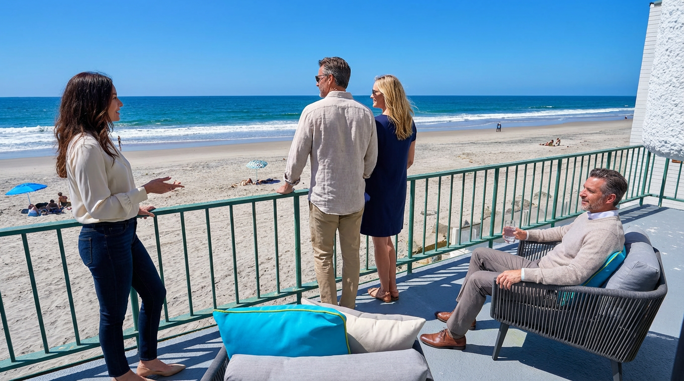 This is a scenic view from a patio or balcony overlooking a beach. The space is furnished with casual seating, suggesting a relaxing atmosphere. A railing separates the patio from the sandy beach, creating a seamless transition between private and public space, ideal for enjoying ocean views and fresh air.