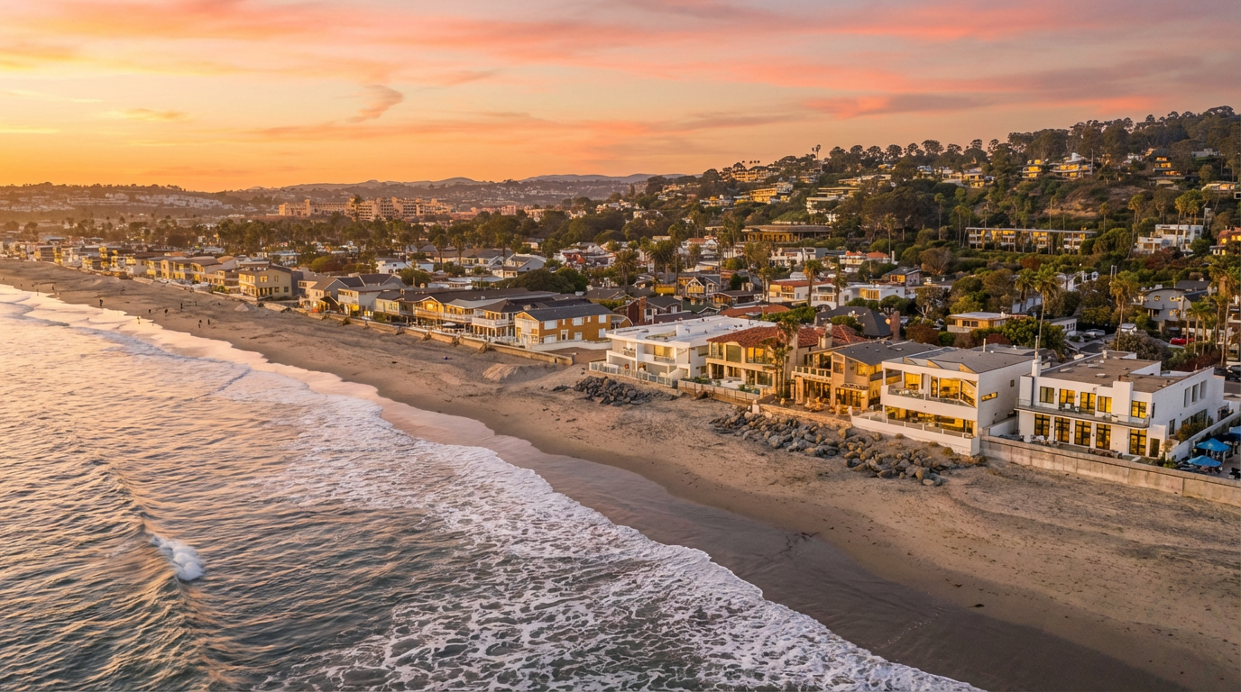 This aerial view showcases a row of beachfront properties at sunset. The houses feature modern architecture with large windows and balconies overlooking the ocean. The serene beach, gentle waves, and warm lighting create an inviting and luxurious coastal living atmosphere.