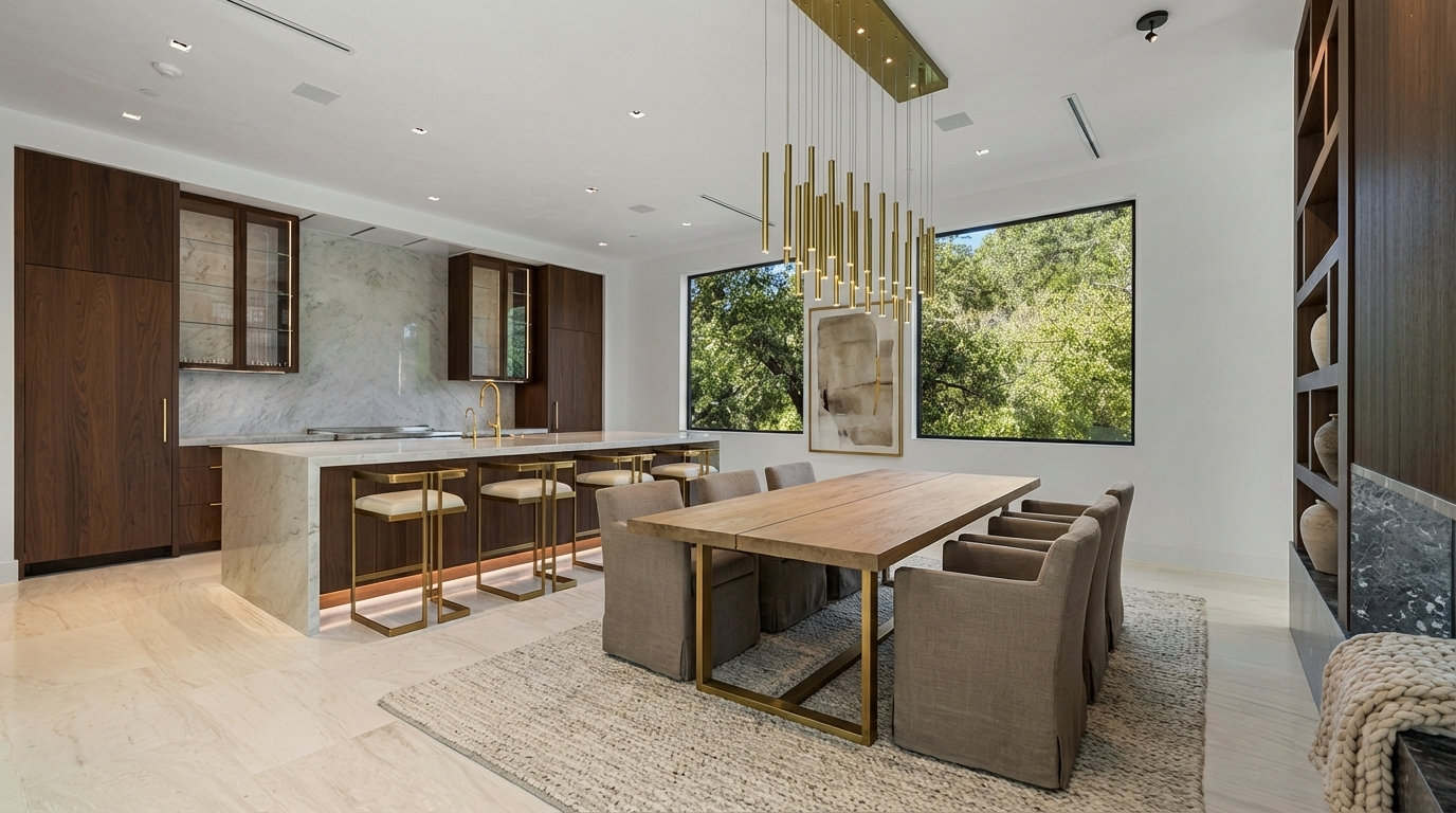 This sophisticated open-concept kitchen and dining area features a stunning marble waterfall island with brass-accented bar stools and linear pendant lighting. The space blends warm wood cabinetry with sleek stone surfaces, while large windows provide lush green views and natural light. It is a designer-finished home that seamlessly integrates culinary and formal dining spaces.