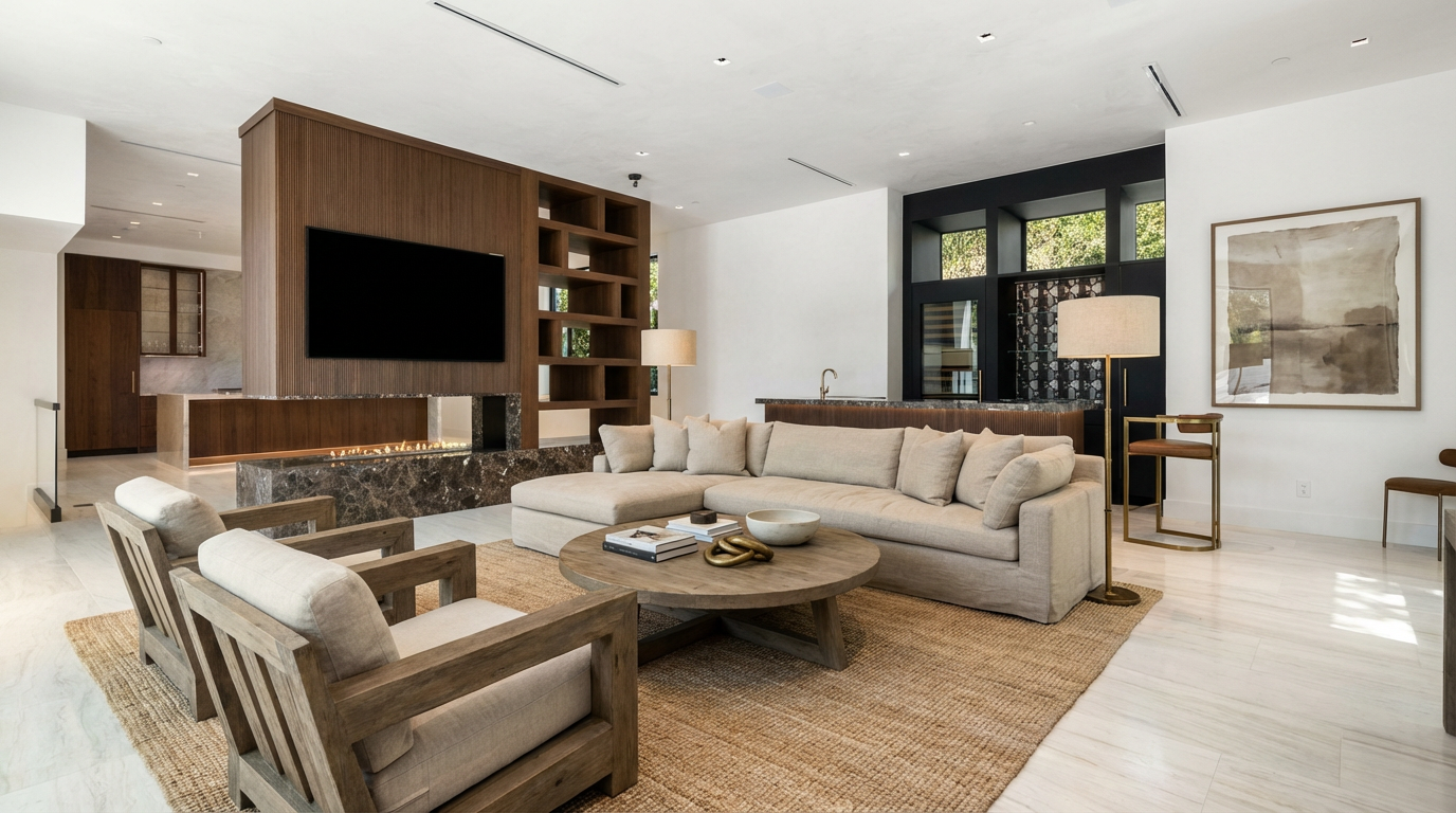 This is a tastefully designed living room featuring modern aesthetics. The room includes a large sectional sofa, a round coffee table, and open shelving built into a media wall with a fireplace. High-end finishes such as marble accents, light hardwood floors, and a neutral color palette contribute to a sophisticated and comfortable atmosphere.