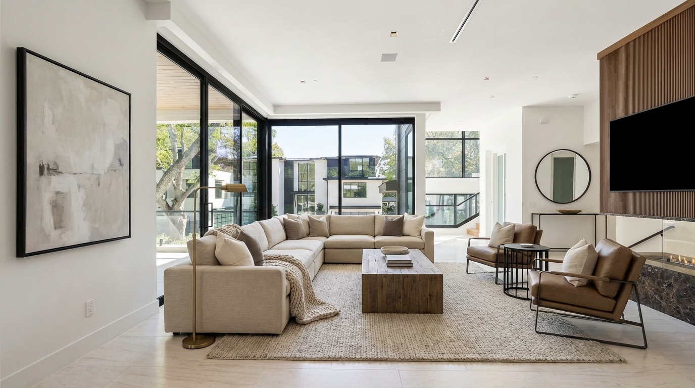 This is a bright and modern living room with large windows offering outdoor views. The space features a neutral color palette with a large sectional sofa, a wooden coffee table, and two leather armchairs. The décor includes a large abstract art piece and built-in shelving with a fireplace, offering a luxurious and comfortable living space.