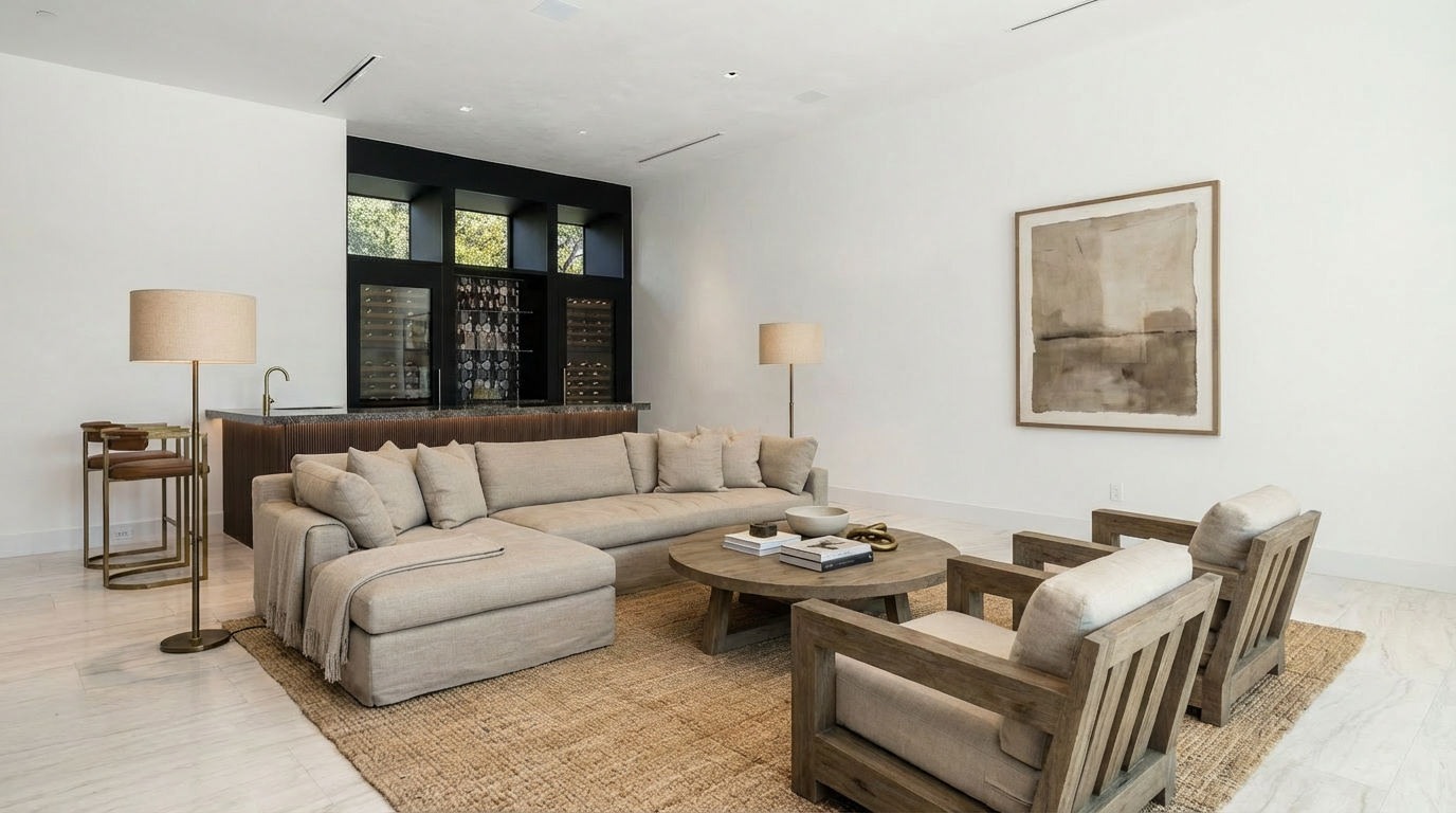 This interior living room showcases a neutral color palette with a comfortable sectional sofa, a round wooden coffee table, and two armchairs. A large art piece hangs on the wall, and a stylish rug anchors the seating arrangement. The space also features a built-in bar and wine storage area, adding a touch of luxury.