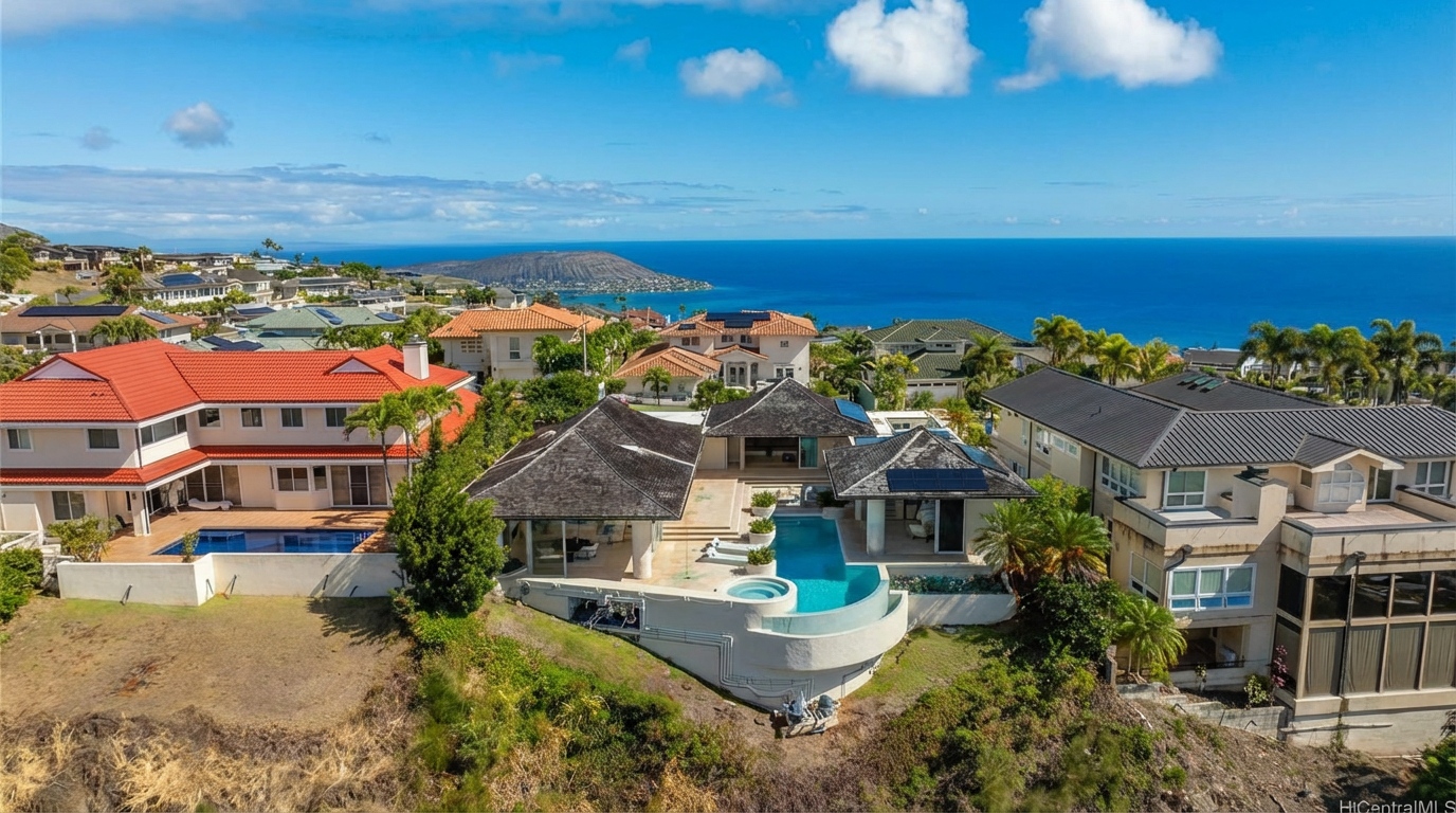 This aerial shot captures an upscale residential area with a clear view of the ocean. Several luxury homes are visible, each with distinct architectural styles, pools, and manicured landscaping. The image showcases the prime location and high-end neighborhood, appealing to potential buyers seeking an exclusive property.