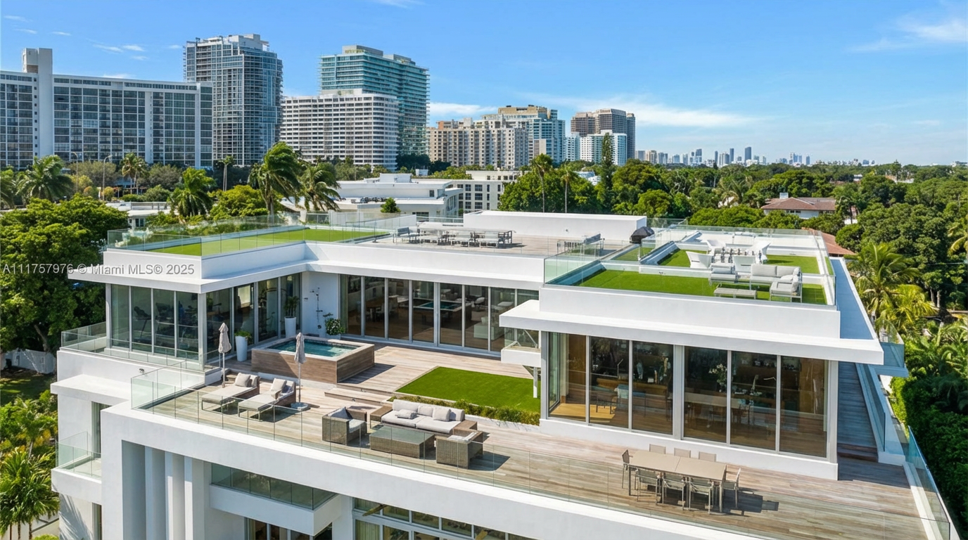This aerial shot showcases a luxurious modern residence featuring multiple levels of outdoor living space, including decks with seating areas, a spa, and manicured green spaces. The building's clean, white exterior and glass railings provide a sleek, contemporary aesthetic. The backdrop includes a cityscape and lush greenery, emphasizing the property's prime location and exclusive amenities.