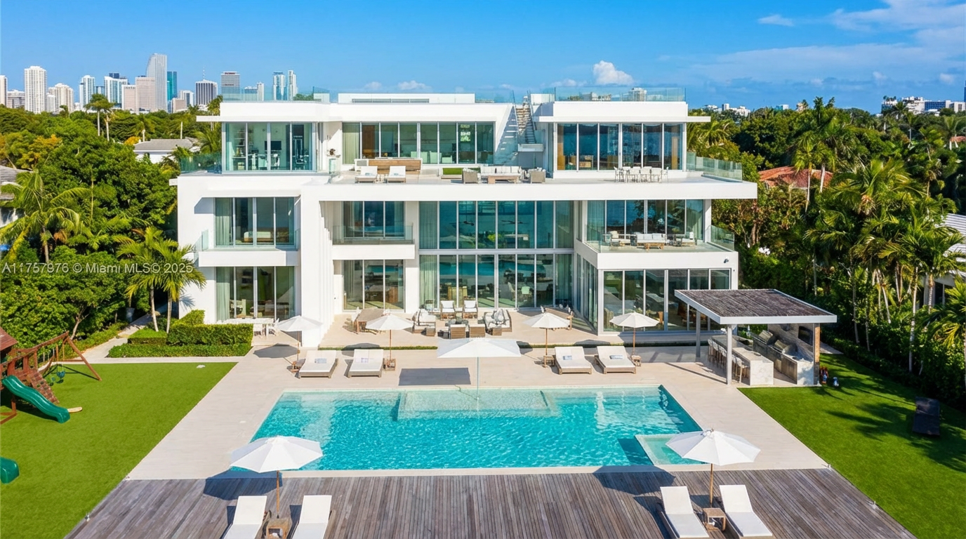 This image showcases the exterior rear of a luxurious, modern home, emphasizing the beautiful pool and expansive backyard. The property boasts a sleek, white facade with large windows and multiple levels of outdoor living space, including a deck with lounge chairs and an outdoor dining area. The lush landscaping and well-maintained lawn add to the appeal of this high-end listing.