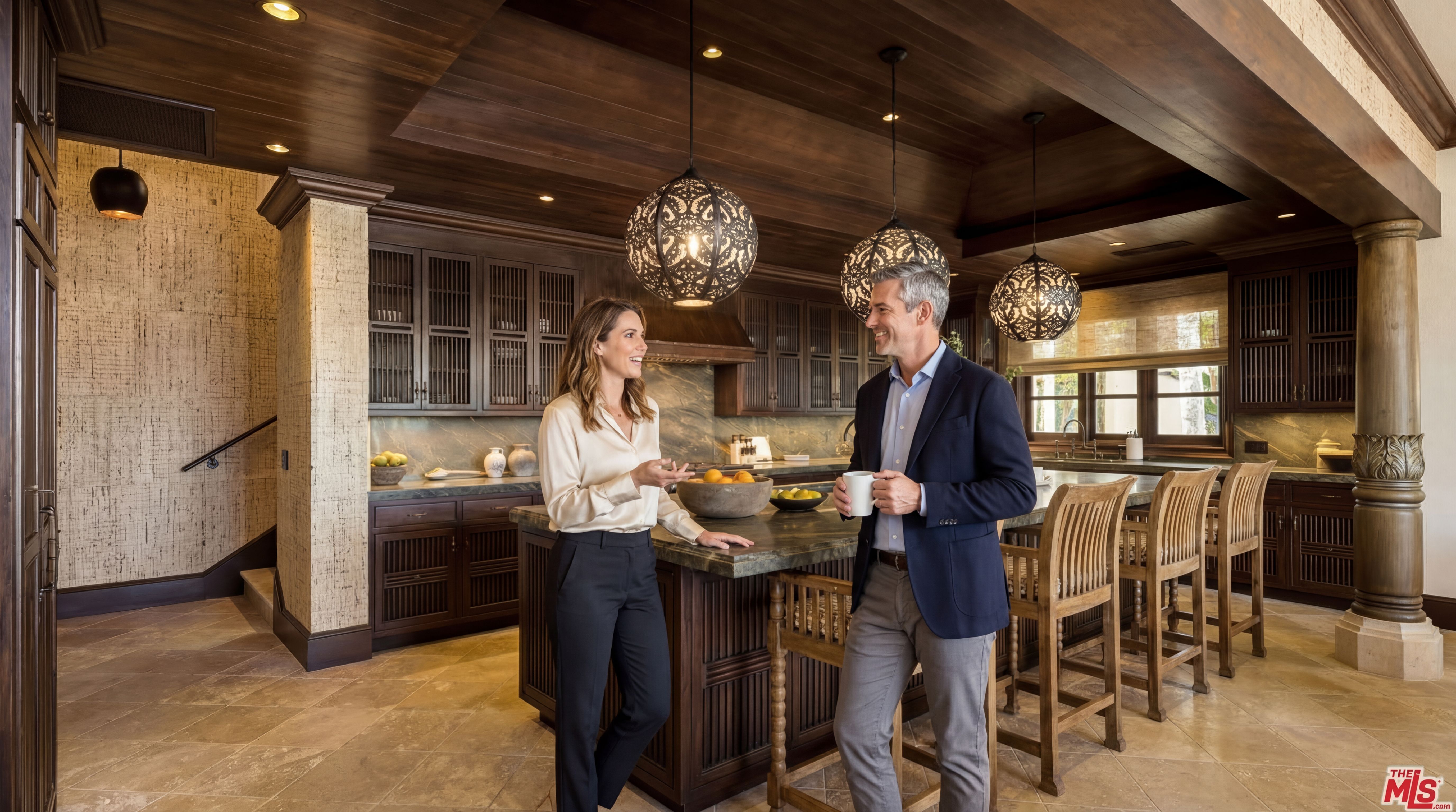 This sophisticated kitchen exudes a warm, traditional elegance with its rich dark wood cabinetry, matching coffered wood ceiling, and earth-toned stone flooring. The space features a substantial central island with a stone countertop, ornate decorative pendant lighting, and high-end cabinetry with lattice-style door fronts. Designed for both functionality and social interaction, the kitchen is anchored by a stately decorative column and incorporates a textured wall feature that adds depth to the refined aesthetic.