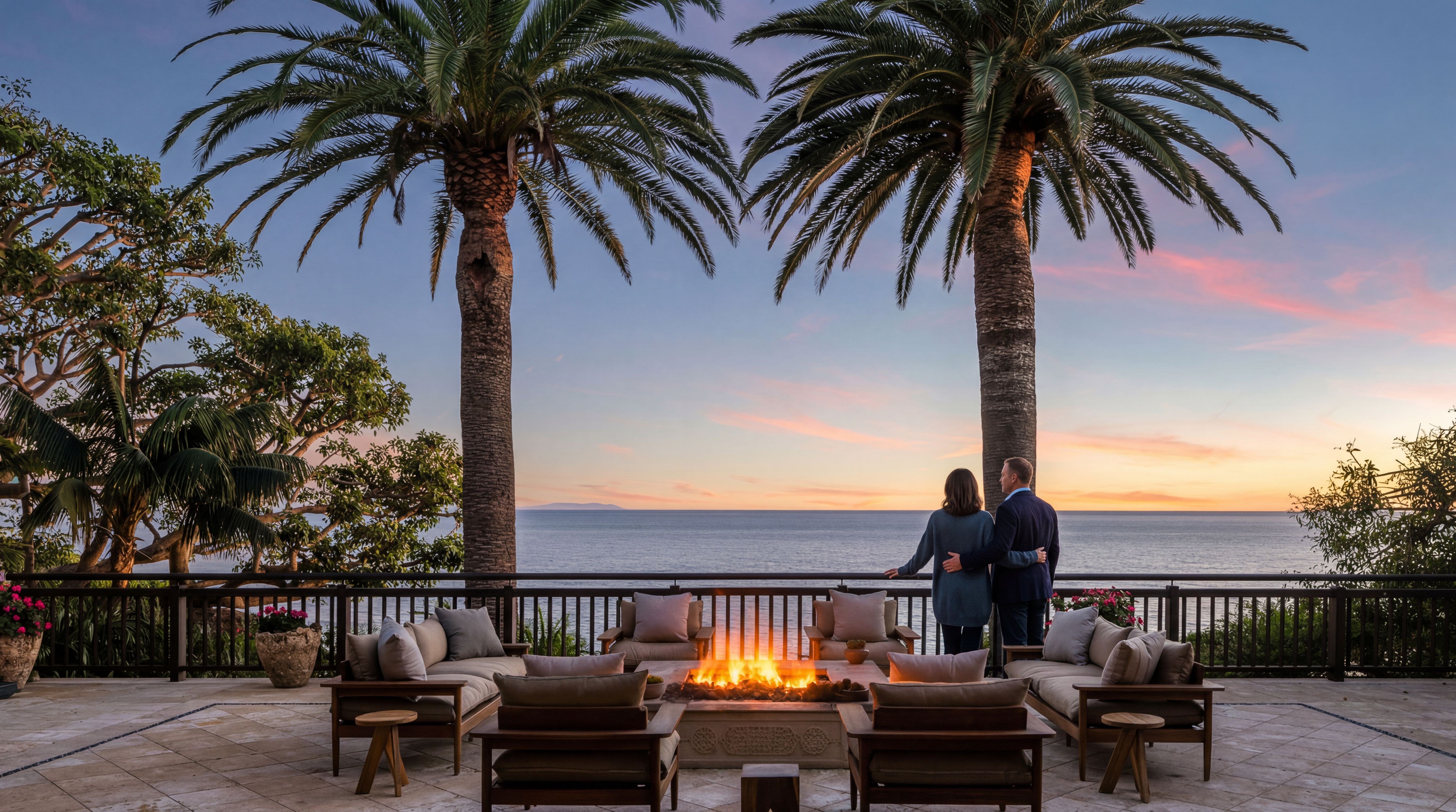 This luxurious oceanfront patio features a central stone fire pit surrounded by comfortable lounge seating, perfect for enjoying the sunset views. The space is framed by mature palm trees and overlooks the sea, creating a serene and sophisticated outdoor retreat. High-quality wooden lounge furniture and elegant stone flooring contribute to the upscale, tranquil atmosphere ideal for relaxation and entertaining.