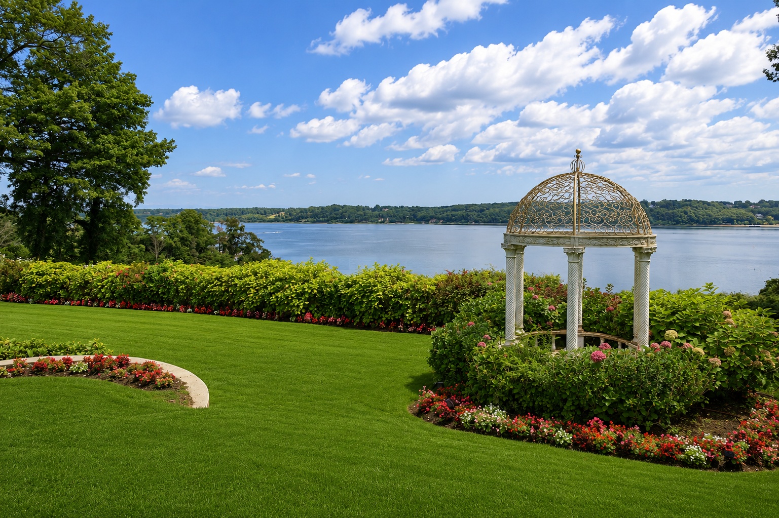 This stunning, professionally landscaped garden overlooks a serene, expansive lake, offering a picturesque and tranquil outdoor retreat. The yard features a lush, manicured green lawn framed by vibrant, colorful flower beds and mature shrubs, with an elegant, decorative white gazebo providing an exquisite focal point. It represents a premium, high-end property feature that emphasizes luxury, privacy, and exceptional natural views.