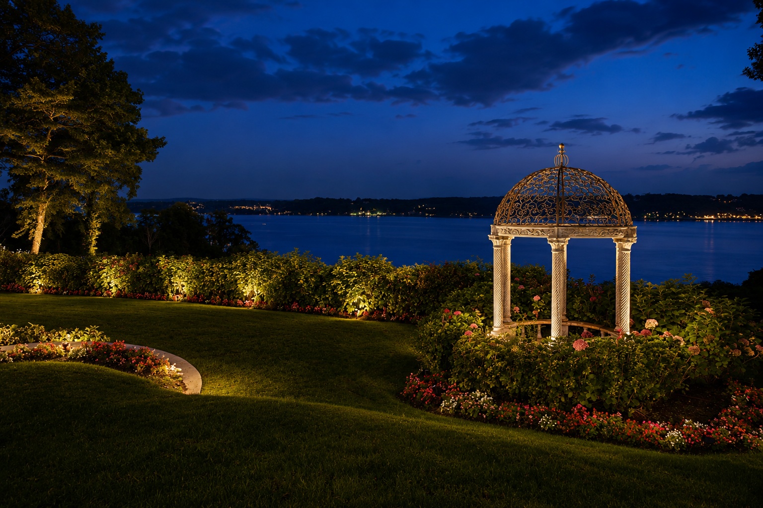 This serene garden at twilight features a classic metal-domed gazebo nestled amongst lush, illuminated landscaping and flower beds. The manicured lawn slopes gently toward a stunning waterfront vista, creating an elegant and peaceful atmosphere perfect for evening leisure. Strategically placed accent lighting enhances the architectural charm of the gazebo and the verdant foliage.