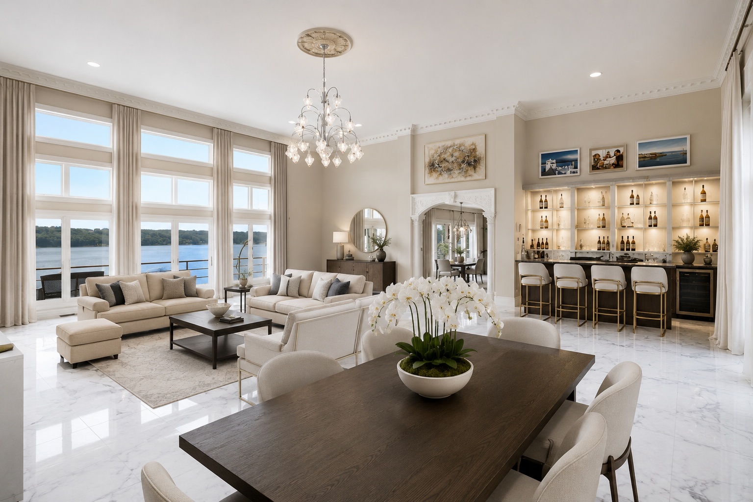 This elegant open-concept living and dining area features radiant marble flooring, high ceilings, and expansive floor-to-ceiling windows that provide panoramic views of the water. The space is anchored by a sophisticated home bar with backlit shelving and classic lounge furniture, creating a luxurious and welcoming environment. The neutral color palette and refined architectural details make this an ideal setting for both formal entertaining and relaxed lakeside living.