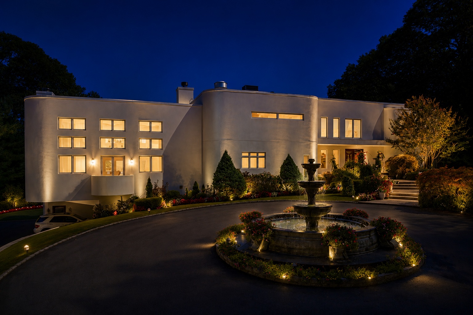 This striking modern estate at night features a grand, illuminated circular driveway centered around an elegant tiered water fountain. The unique, curvilinear architectural design is highlighted by warm accent lighting that casts a sophisticated glow across the white facade and manicured landscaping. The sprawling front entrance and multiple levels of windows project an aura of luxury, privacy, and refined contemporary design.