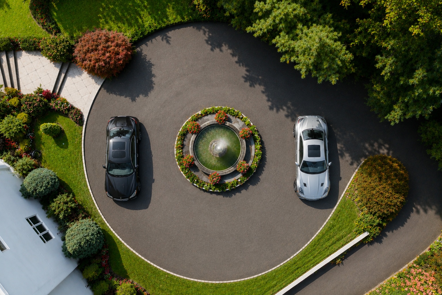 This aerial view captures a sophisticated circular driveway centered around a decorative stone fountain nestled within a vibrant floral border. Two luxury automobiles are parked on the paved surface, emphasizing a grand and well-maintained approach to the property. The surrounding manicured lawns, mature evergreen trees, and glimpse of a crisp white structure highlight the estate's high-end appeal.