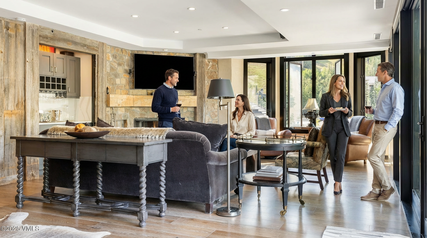 This inviting living room features a rustic yet elegant design. Key features include a stone accent wall with a fireplace and a large screen TV, complemented by comfortable seating and a bar area. The space boasts plenty of natural light with views of the outdoors.