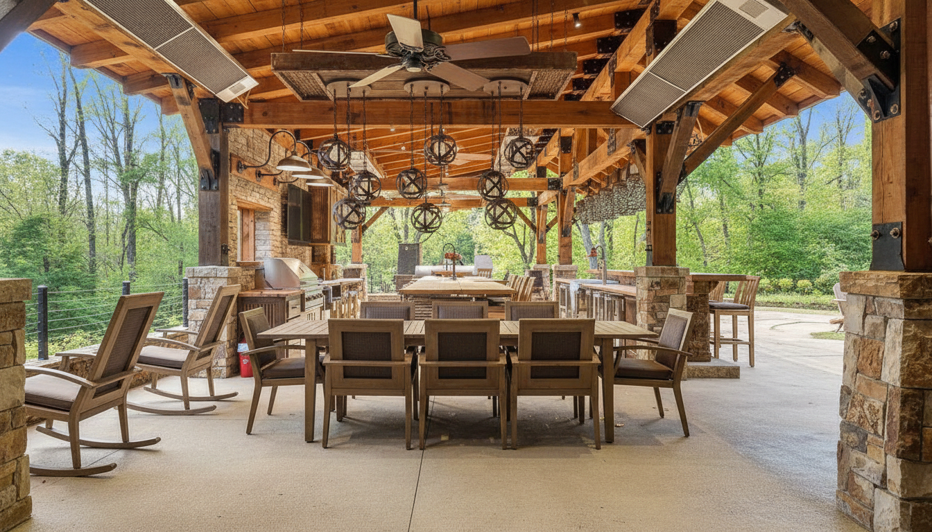 This image showcases a spacious outdoor covered patio or deck area, perfect for entertaining. The area features rustic stone pillars, exposed wood beams, and ample seating arrangements, including a large dining table and rocking chairs. There is also a built-in outdoor kitchen area with a grill visible in the background, making it a great selling point for potential buyers looking for outdoor living space.