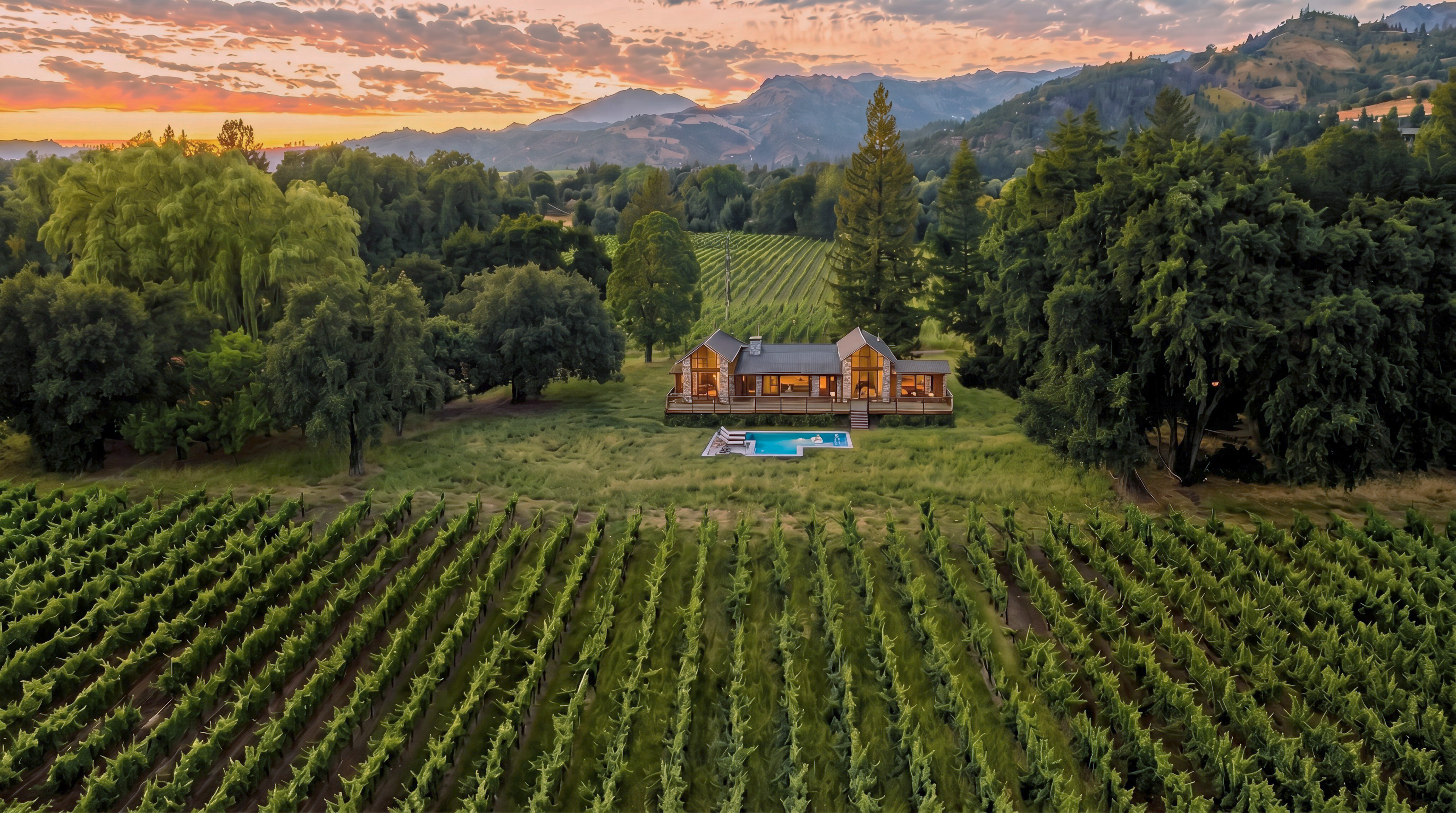 This stunning aerial view captures a contemporary farmhouse nestled within a lush, expansive vineyard at sunset. The property features a pristine swimming pool, a spacious wooden deck, and a backdrop of rolling mountains, emphasizing a serene, luxury lifestyle. The combination of manicured vines, mature trees, and the warm glow of the house creates an inviting and high-end atmosphere.