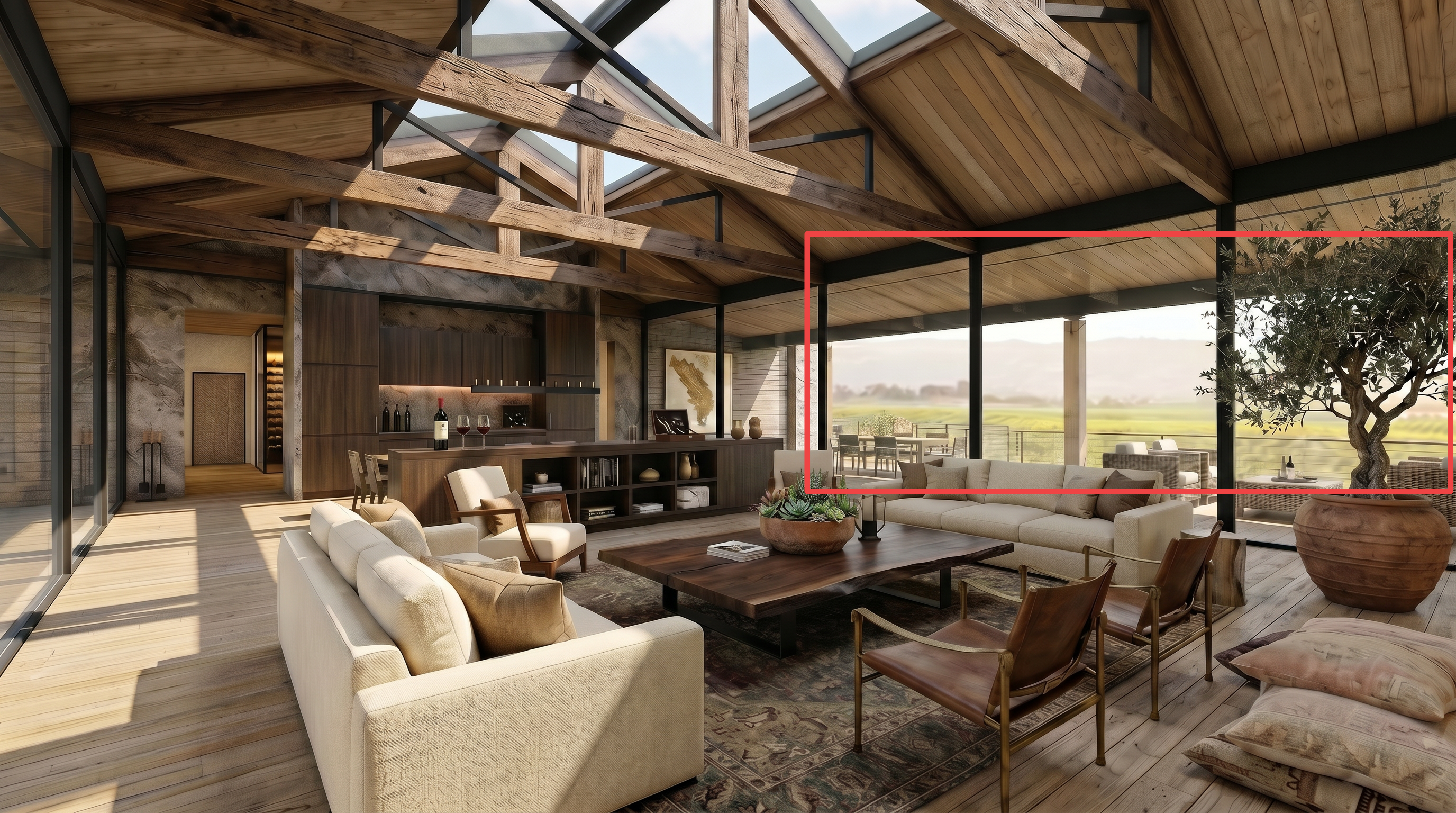 This spacious and airy open-concept living room features soaring vaulted ceilings with rustic exposed wooden beams and expansive glass walls that offer panoramic views of the countryside. The space is elegantly appointed with plush neutral-toned sofas, premium leather accent chairs, and a substantial live-edge wood coffee table situated on a patterned area rug. The seamless blend of high-end materials, indoor-outdoor connectivity, and sophisticated design elements creates a luxurious and serene atmosphere.