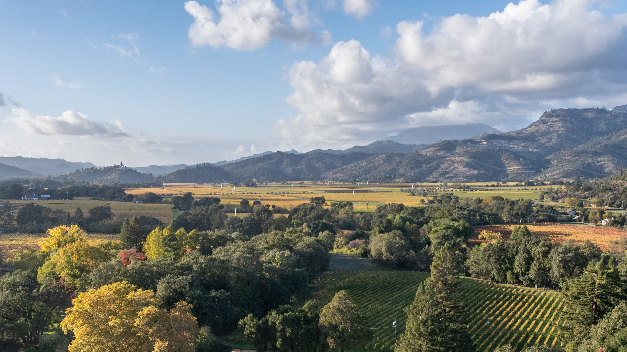 This panoramic aerial view captures the lush landscape of a vineyard region, showcasing vibrant autumn foliage, neatly aligned vine rows, and rolling hills leading toward distant mountains. The scene emphasizes expansive open spaces and natural beauty, suggesting a high-end estate or wine country destination. Sunlight filters through a mix of clouds, highlighting the rich colors and textures of the sprawling valley.