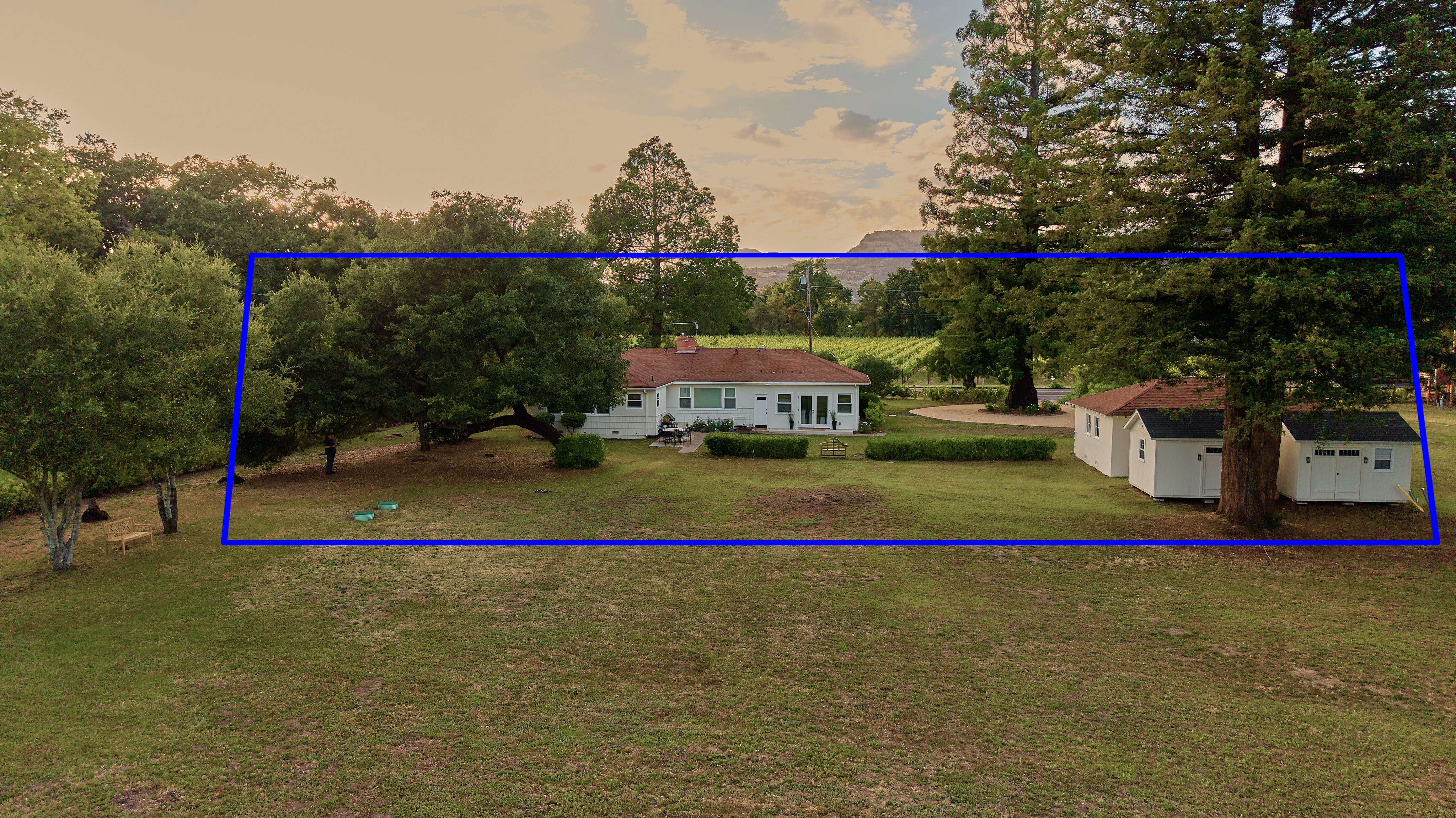 This aerial view captures a spacious, single-story ranch-style home set on a expansive, grassy lot bordered by mature trees and a scenic vineyard in the background. The property features a white exterior, a durable shingle roof, and a separate outbuilding that complements the residential structure. It offers a tranquil, rural setting with abundant outdoor space, perfect for outdoor living and relaxation.