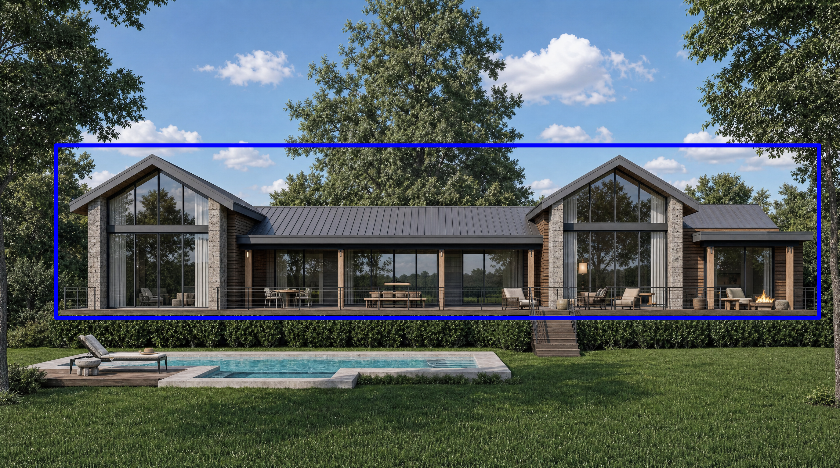 This modern farmhouse features a stunning rear elevation with symmetrical gabled wings and expansive floor-to-ceiling glass windows that blend indoor and outdoor living. The spacious elevated deck runs the length of the home, providing multiple areas for lounging and dining, while overlooking a clean-lined rectangular swimming pool. The combination of natural wood siding, stone accents, and dark metal roofing creates a sophisticated and contemporary architectural aesthetic.