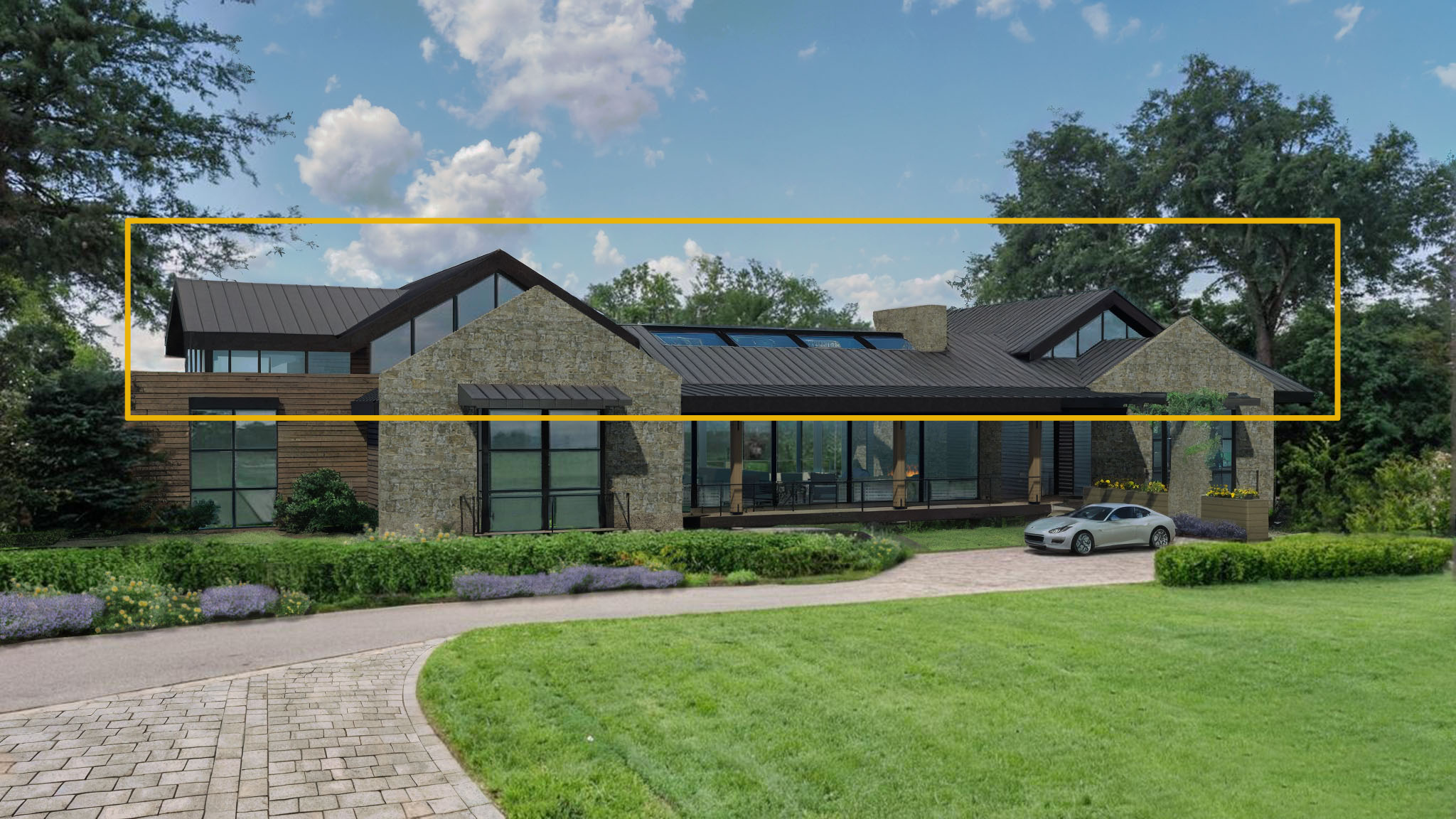 This stunning contemporary residence features a sophisticated blend of stone masonry and sleek dark metal roofing. The architectural design incorporates large glass windows and an integrated porch, creating a seamless transition between indoor and outdoor living spaces. A paved driveway leads up to the house, framed by manicured landscaping and mature trees, highlighting its modern luxury appeal.