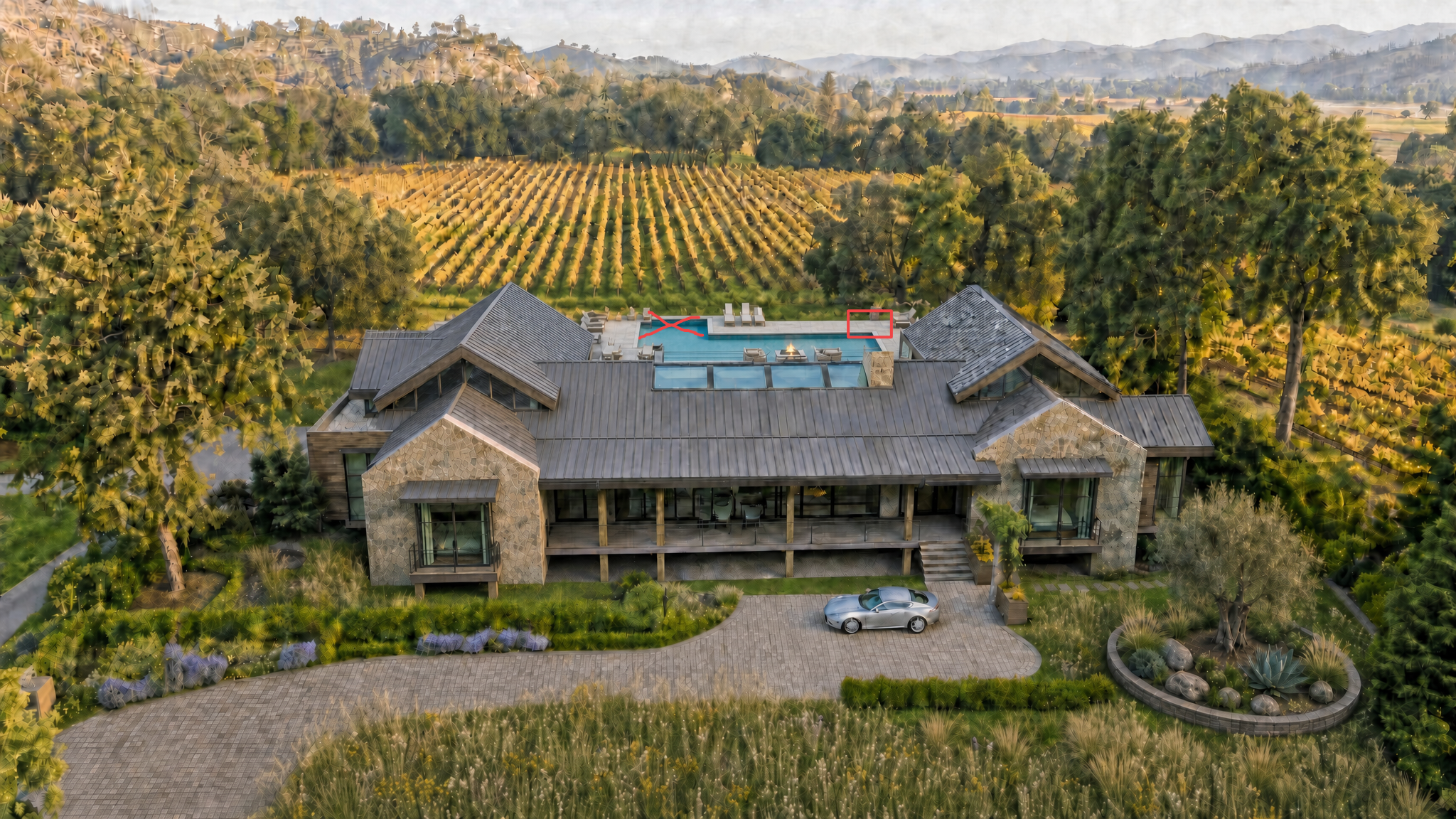 This stunning luxury estate is captured from an elevated aerial perspective, showcasing a sophisticated blend of stone architecture and expansive rural landscapes. The property features a unique rooftop pool design, a spacious stone-paved driveway with a sleek silver luxury vehicle, and manicured landscaping integrated into the surrounding vineyard. Its rustic yet modern aesthetic, combined with superior craftsmanship, creates a prestigious and serene atmosphere.