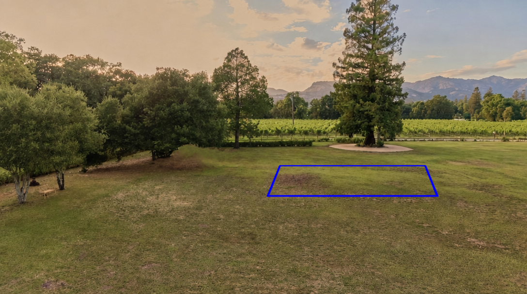 This image showcases a sprawling, well-maintained grassy lawn under a beautiful sunset sky, featuring mature trees and a distant vineyard against a mountainous backdrop. The scene includes a highlighted rectangular area, suggesting potential for development, landscaping, or a specific feature placement. Its expansive and serene atmosphere highlights the property's potential for outdoor living or recreational use.