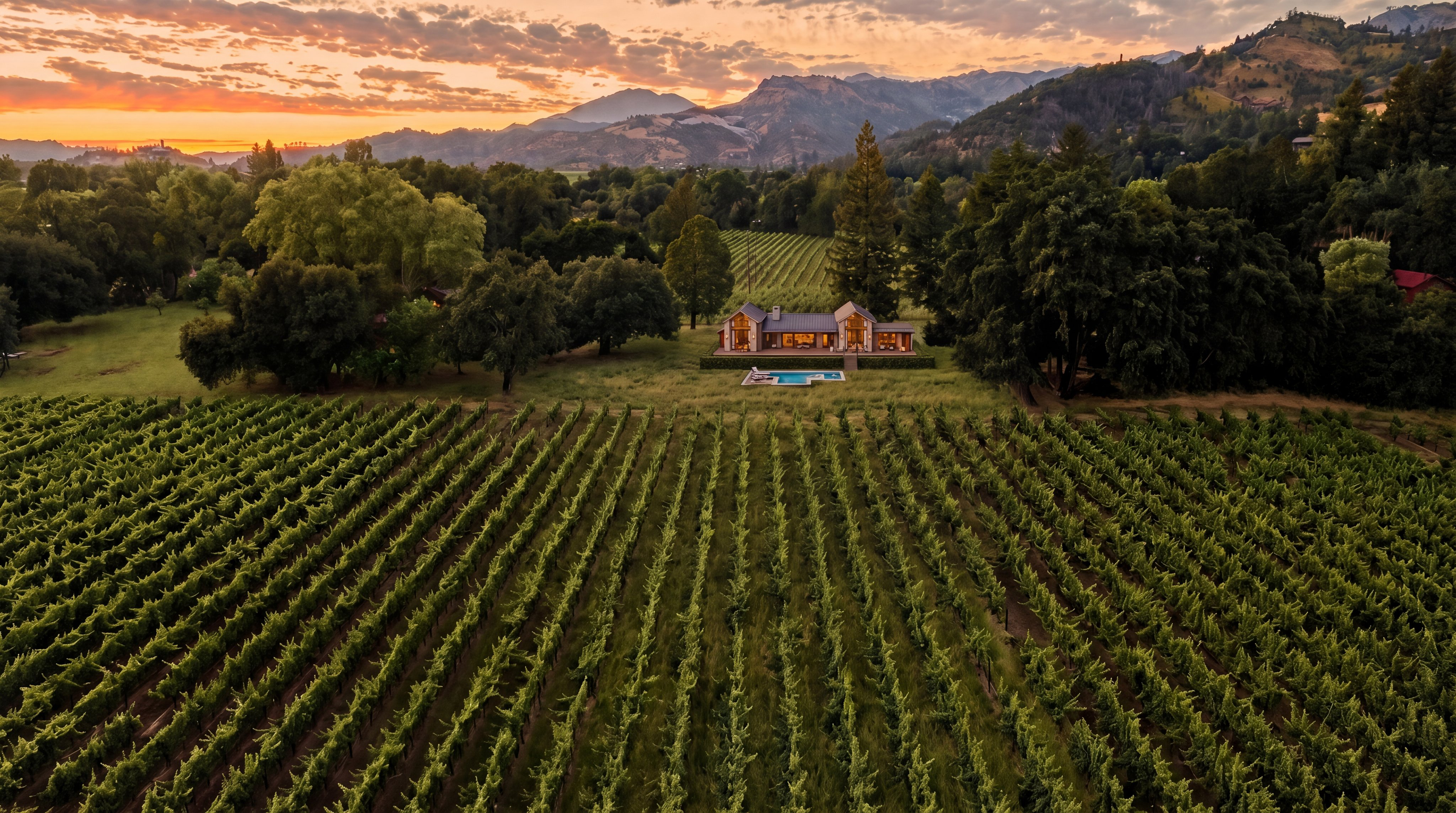 This breathtaking aerial photograph showcases a modern residence nestled within a vast, verdant vineyard at twilight. The home features a symmetrical design with warm glowing windows and is perfectly complemented by a private swimming pool set against a backdrop of rolling hills and a dramatic sunset sky. The property offers an idyllic, serene countryside escape, blending architectural elegance with the natural agricultural landscape.