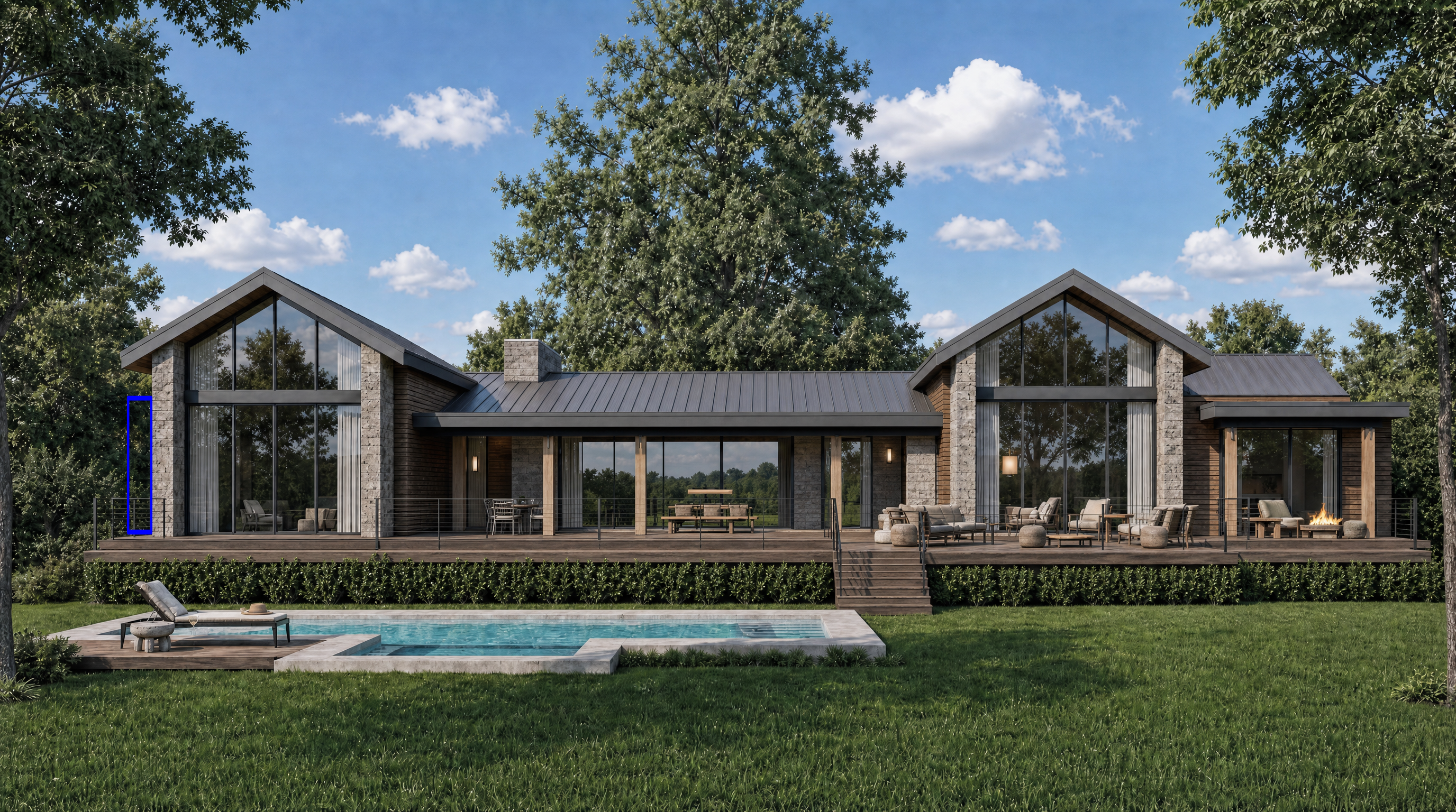 This modern farmhouse features a stunning rear elevation with a sprawling wooden deck that integrates both dining and lounge areas, along with a sleek inset swimming pool. The structure is characterized by its dramatic gabled glass walls, rustic stone accents, and dark metal roofing, creating a luxurious and harmonious connection between the indoor living space and the surrounding landscape. The overall design emphasizes a sophisticated, open-air lifestyle perfect for entertaining.
