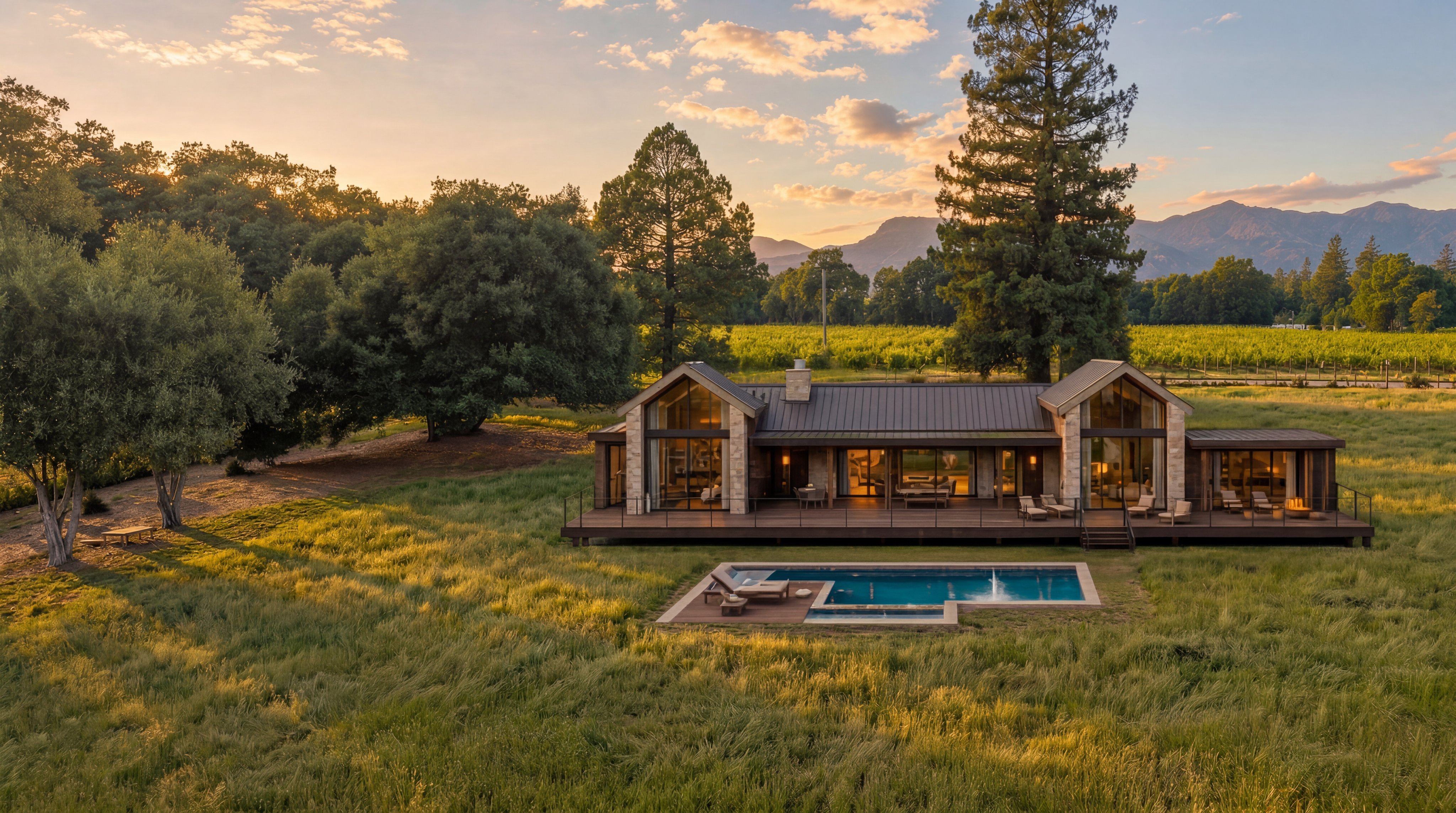 This stunning contemporary estate features a unique architectural design with gabled roofs, expansive floor-to-ceiling windows, and natural stone accents. The residence includes a spacious wooden deck that overlooks a modern rectangular swimming pool surrounded by a vast, scenic meadow landscape. The overall setting is serene and luxurious, framed by mature trees and mountain views during a picturesque sunset.