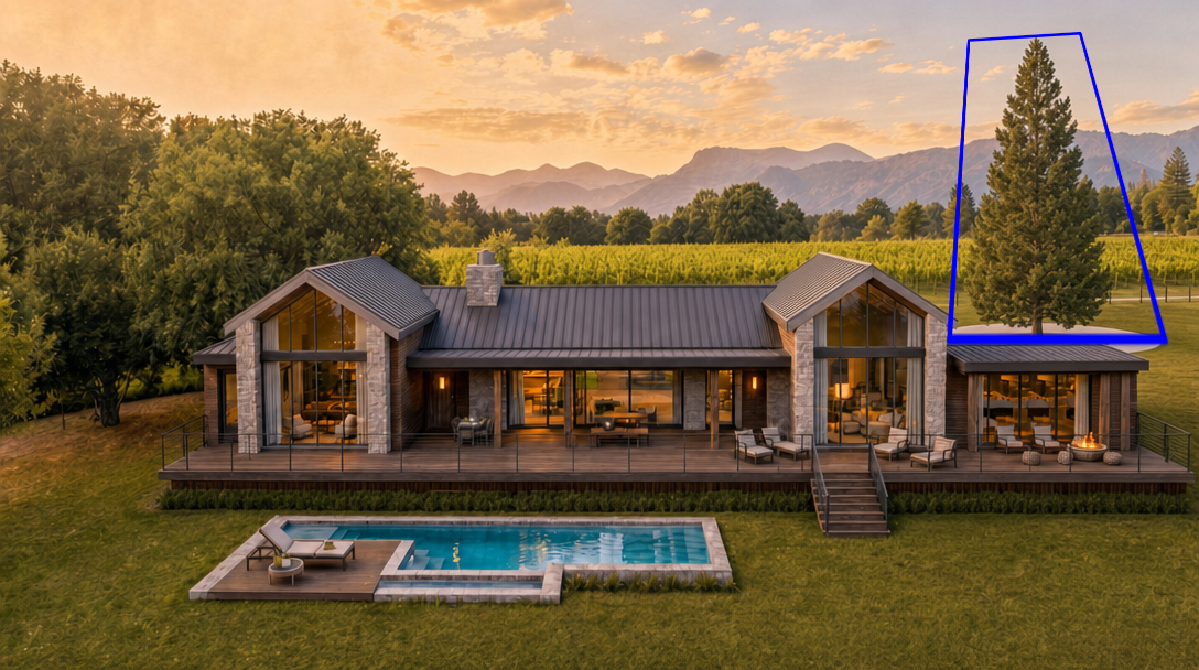 This stunning contemporary residence showcases a seamless blend of natural stone, wood, and metal, perfectly framed by a picturesque landscape of vineyards and distant mountains. The rear exterior features an expansive deck, a private pool with lounge area, and floor-to-ceiling windows that offer an idyllic indoor-outdoor living experience. The home exudes luxury and tranquility, making it a perfect retreat.