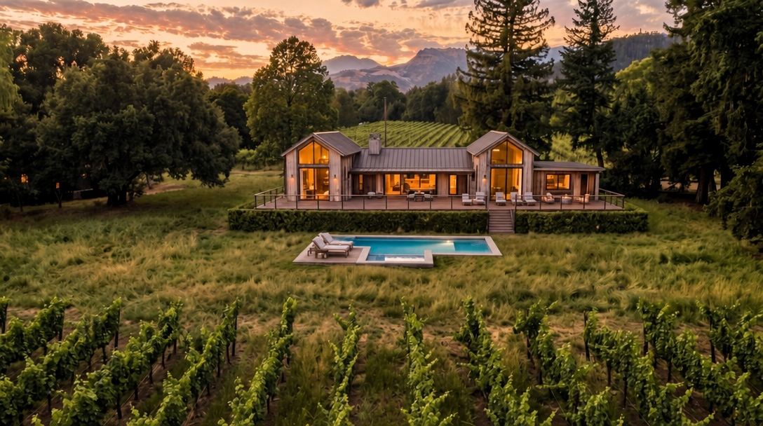 This serene estate features a modern timber-clad home nestled within a sprawling vineyard at sunset. The residence includes a wraparound wooden deck, a private swimming pool, and large glass windows that offer seamless indoor-outdoor living. Surrounded by lush greenery and distant mountain peaks, the property exudes an atmosphere of sophisticated, tranquil luxury.