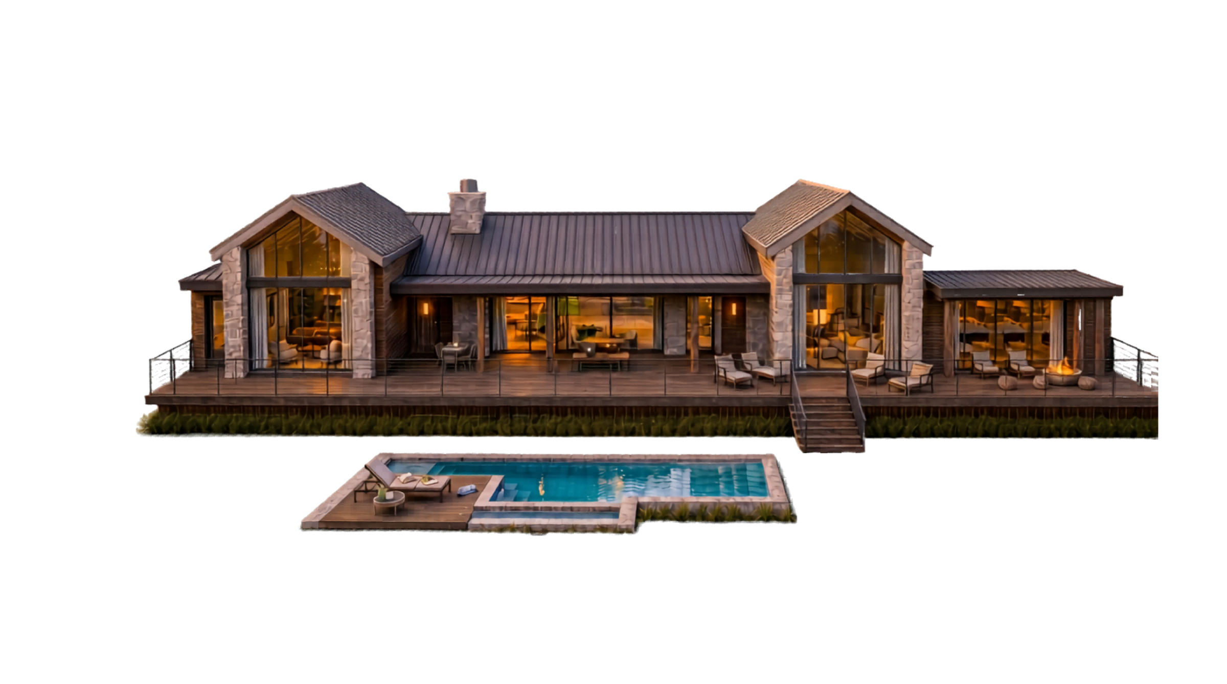 This stunning contemporary mountain retreat features extensive rear decking, large floor-to-ceiling windows, and a rustic stone and wood facade. The architectural design highlights vaulted gable rooftops and an integrated swimming pool with a sun deck, perfect for indoor-outdoor entertaining. The warm interior lighting glowing through the windows creates an inviting and luxurious atmosphere.