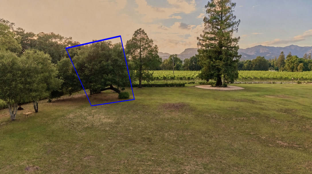 This spacious, open landscape features a expansive grassy lawn leading to a vineyard with distant mountains in the background. Mature trees anchor the property, creating a scenic and tranquil setting suitable for outdoor activities or recreation. The property boasts a serene atmosphere with well-maintained grounds and a beautiful natural backdrop.