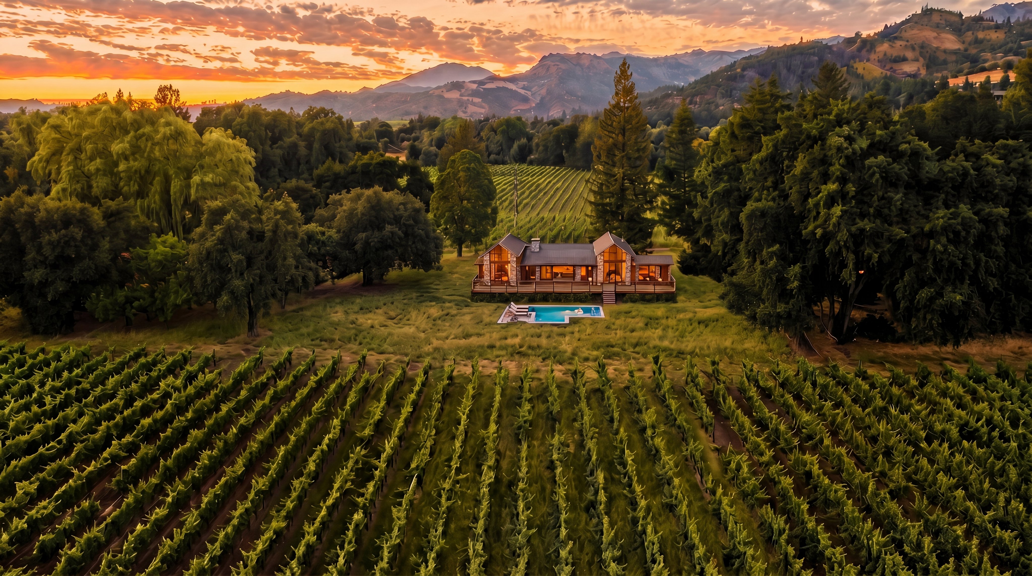 This breathtaking aerial view showcases a luxury residence nestled within a vast, meticulously maintained vineyard. The home features a rustic yet modern design with warm interior lighting reflecting against the sunset, complemented by a pristine outdoor pool and expansive grounds. The property offers a serene, high-end living experience integrated seamlessly into the natural landscape.