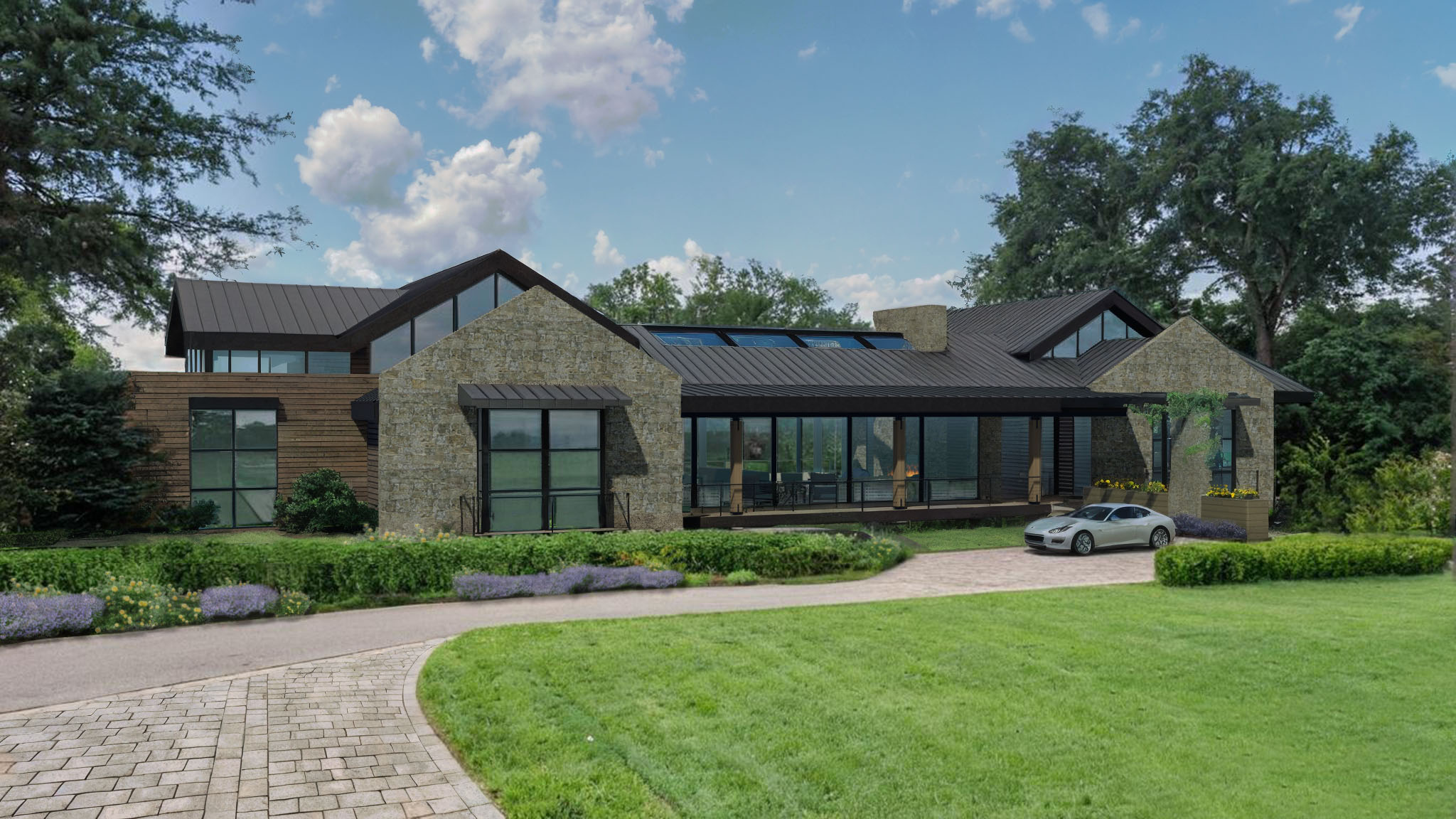 This modern estate showcases a sophisticated blend of stone masonry, wood siding, and metal roofing, creating a clean, high-end architectural aesthetic. The expansive glass walls and integrated skylights fill the home with natural light, while a curated landscape and stone driveway provide an elegant, inviting approach. It is a striking example of contemporary luxury design, well-suited for a premium real estate listing.