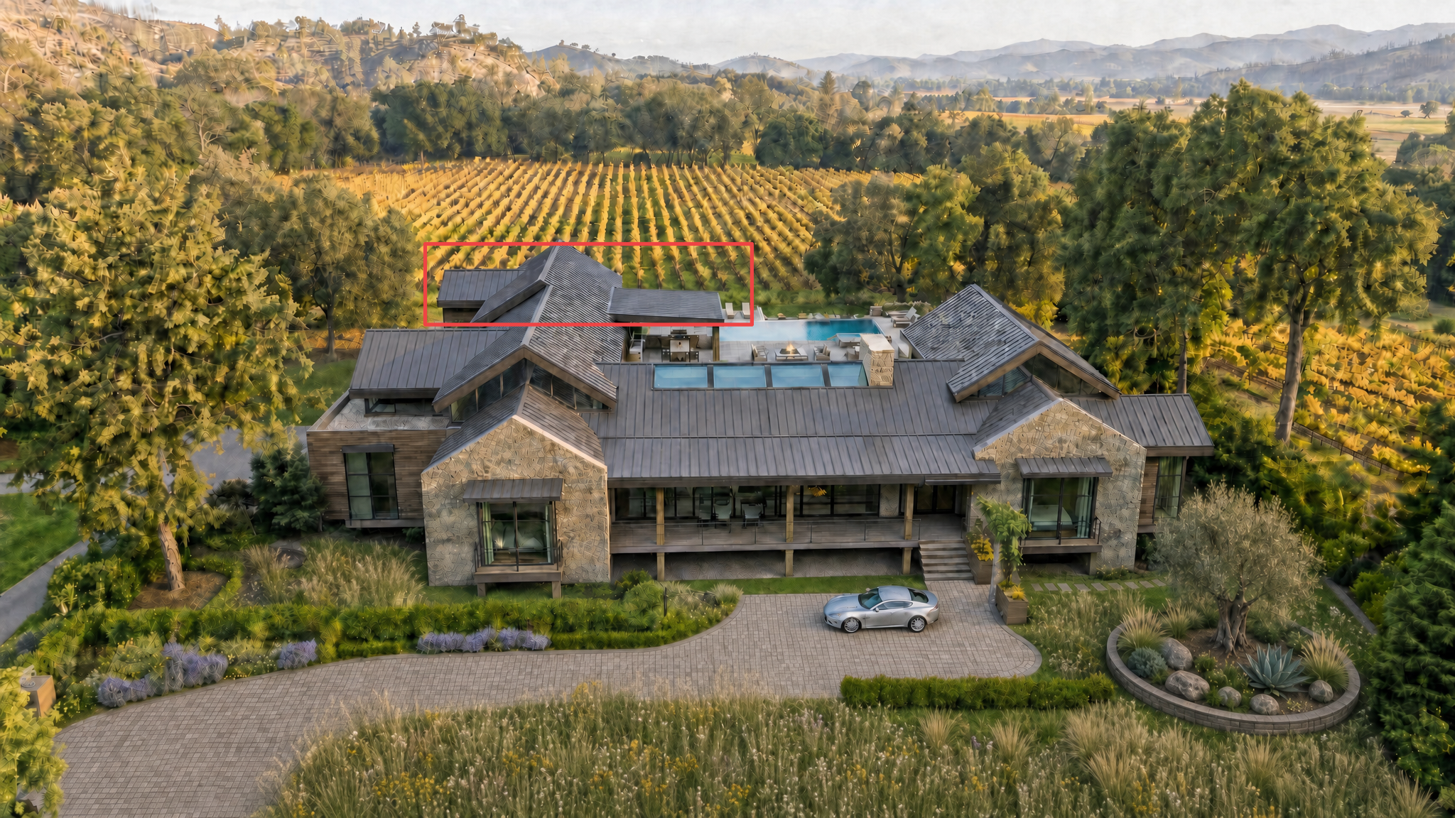 This stunning luxury estate is captured from an aerial perspective, showcasing its expansive design set against a vast vineyard backdrop. The residence features high-end finishes including stone masonry, dark metal roofing, and a large terrace complete with a swimming pool. The property blends rustic elegance with modern architectural lines, offering a serene and sophisticated residential setting.