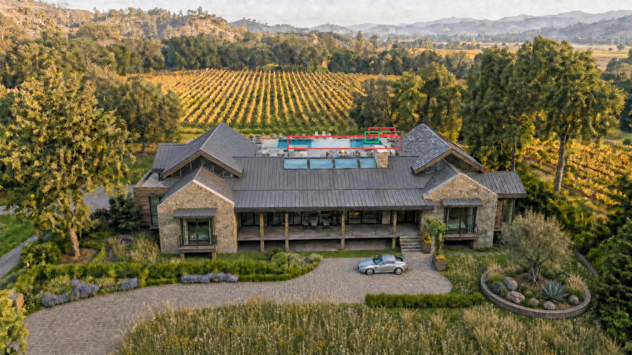 This stunning aerial perspective showcases a luxurious, contemporary stone-clad estate nestled amidst expansive, lush vineyards. The property boasts a unique rooftop terrace featuring a swimming pool, lounge area, and skylights, perfectly blending sophisticated modern architecture with its natural, serene surroundings.