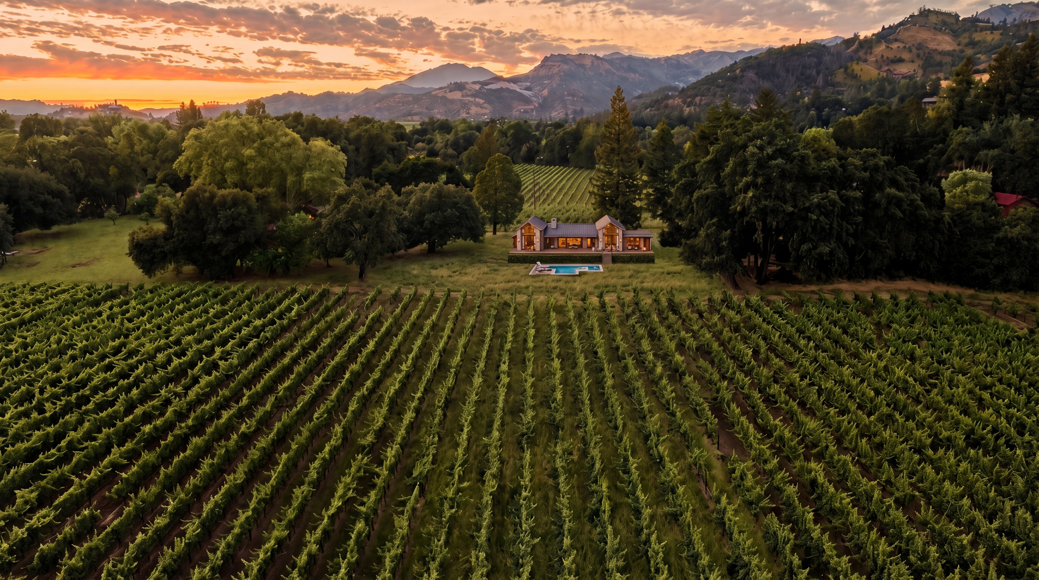 This breathtaking aerial shot showcases a luxury residence nestled within an expansive private vineyard at sunset. The property features a modern farmhouse aesthetic with a symmetrical design, a private swimming pool, and pristine, orderly vineyard rows stretching across the property. The dramatic mountain backdrop and glowing evening sky create a serene and high-end atmosphere ideal for a premium real estate listing.