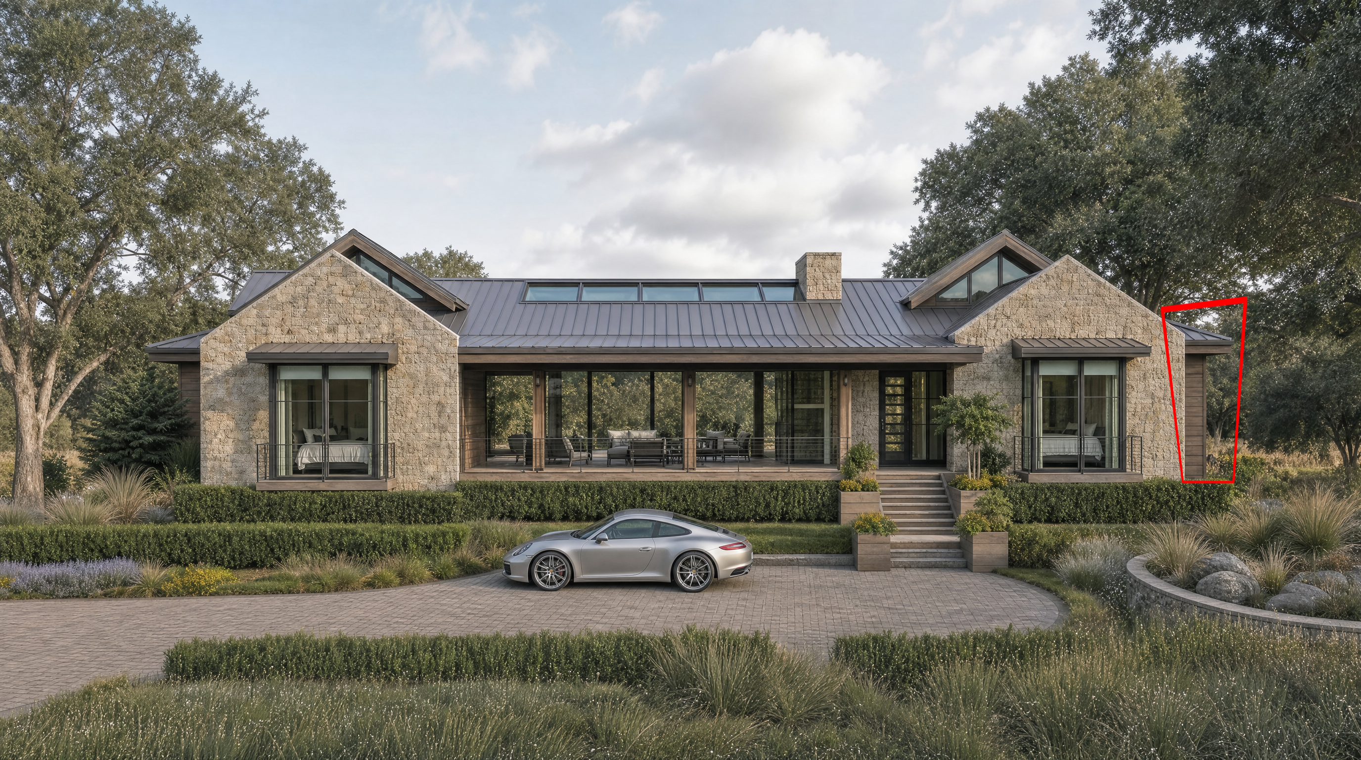 This stunning contemporary residence showcases a sophisticated blend of natural stone masonry, dark metal roofing, and expansive glass walls. A symmetrical design is anchored by a welcoming central porch and manicured landscaping, creating an elegant and serene curb appeal that highlights luxury living in a natural setting.