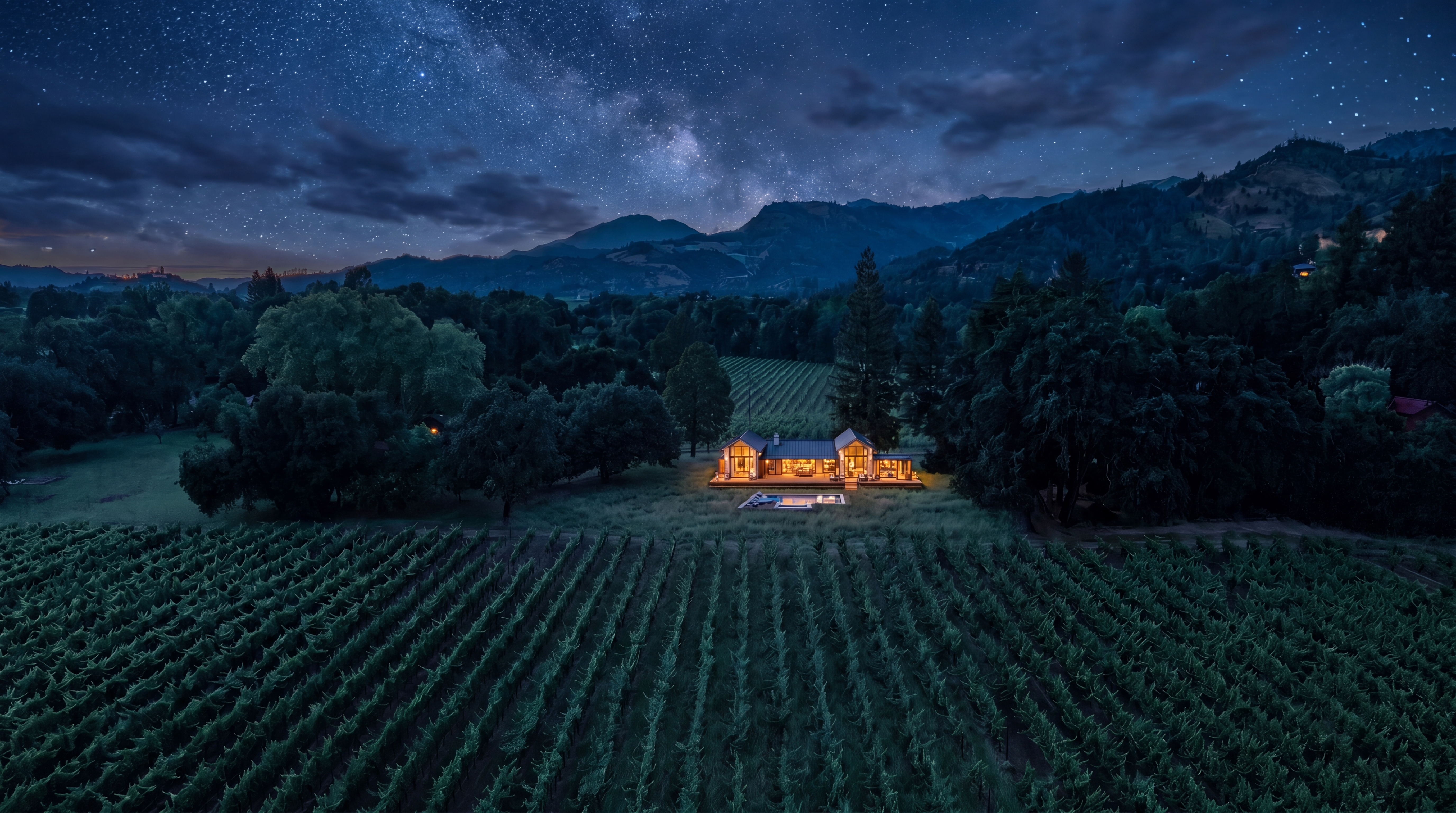 This stunning, elevated aerial perspective captures a secluded, modern farmhouse retreat nestled amidst lush vineyards under a breathtaking starry night sky. The residence features a glowing, warmly lit open-concept design that seamlessly transitions to an outdoor patio and pool area, emphasizing luxury and tranquility. Its picturesque location with mountain backdrops and expansive surrounding greenery makes it a quintessential high-end rural getaway.